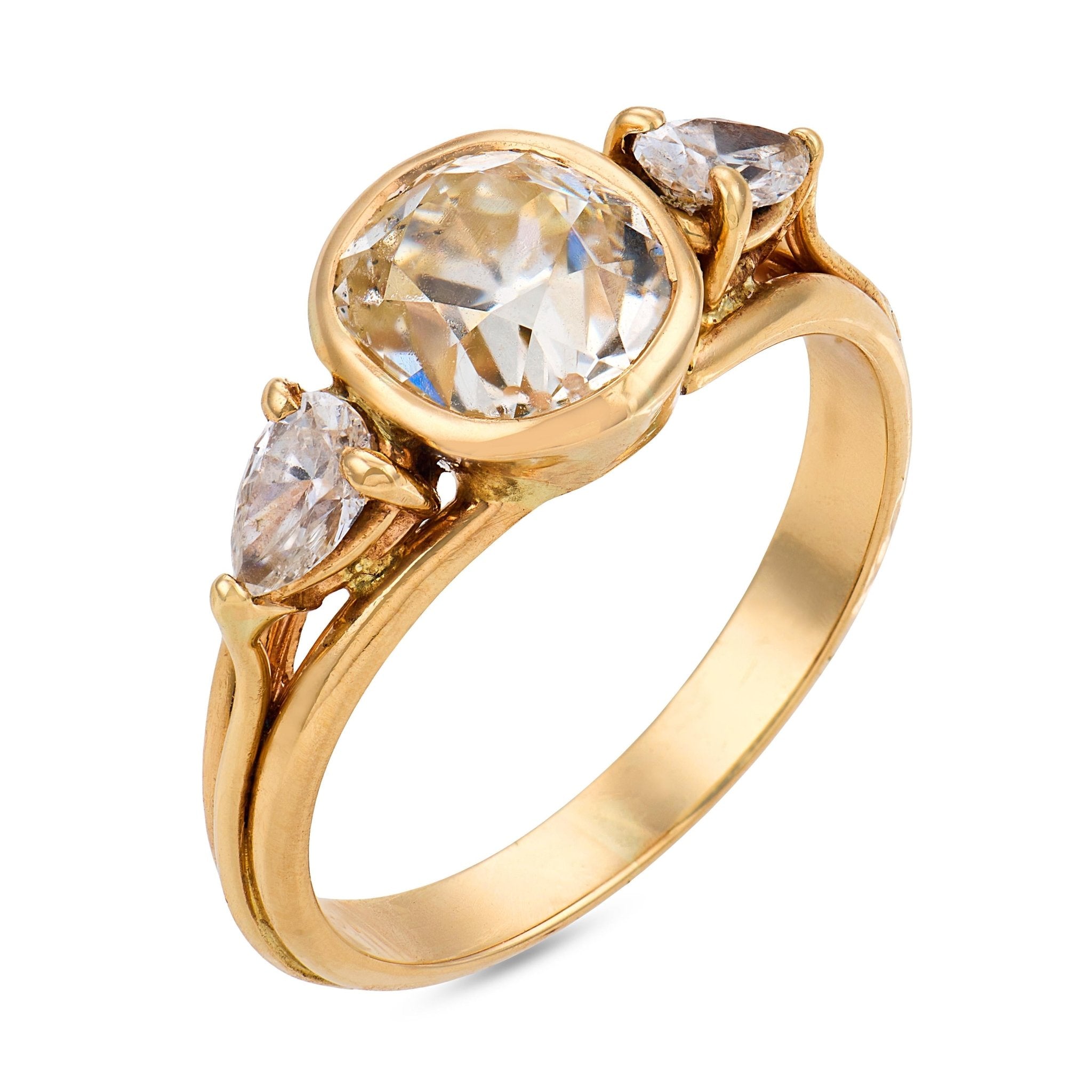 Vintage GIA 2.01 carat old mine cut diamond 14k yellow gold bezel set ring