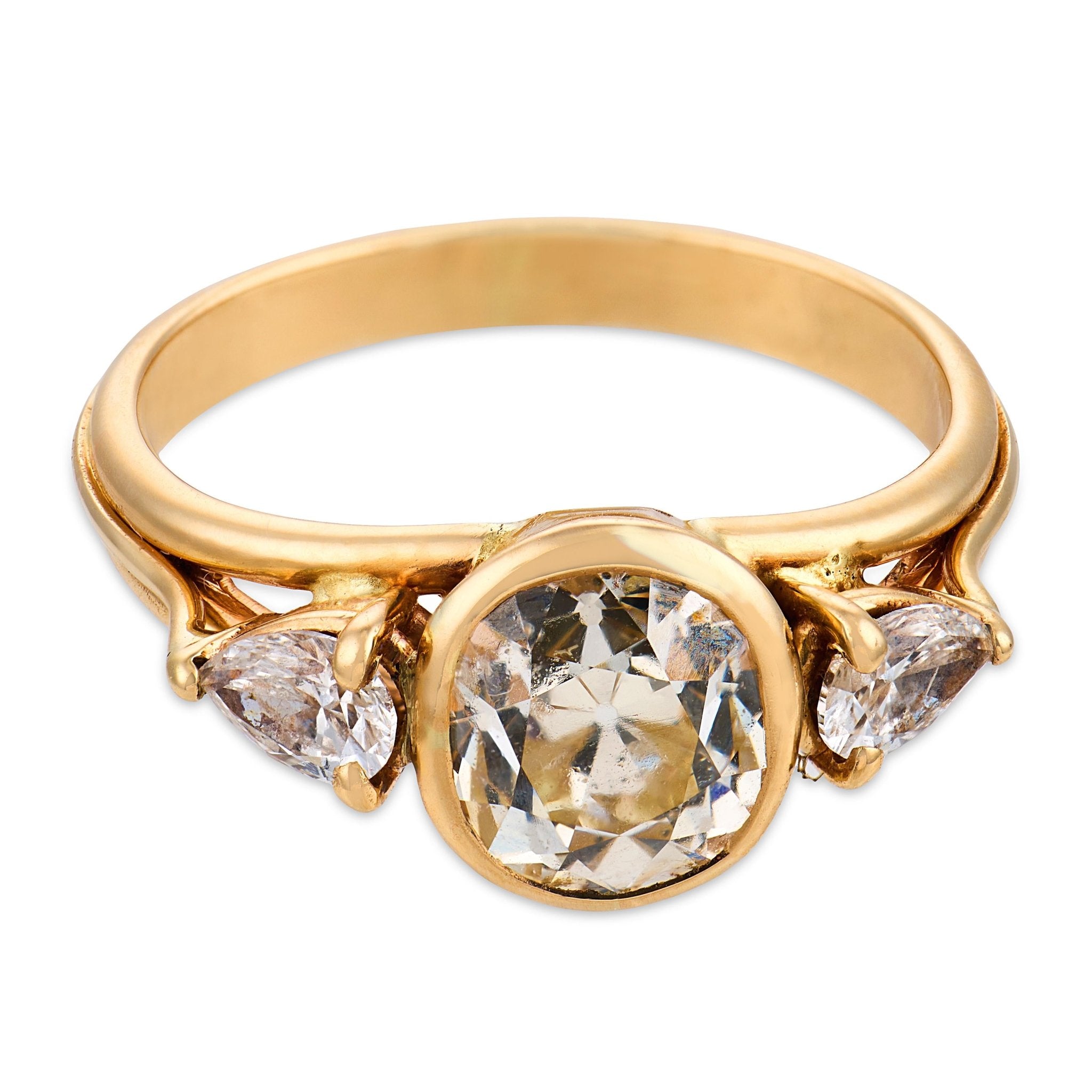 Vintage GIA 2.01 carat old mine cut diamond 14k yellow gold bezel set ring