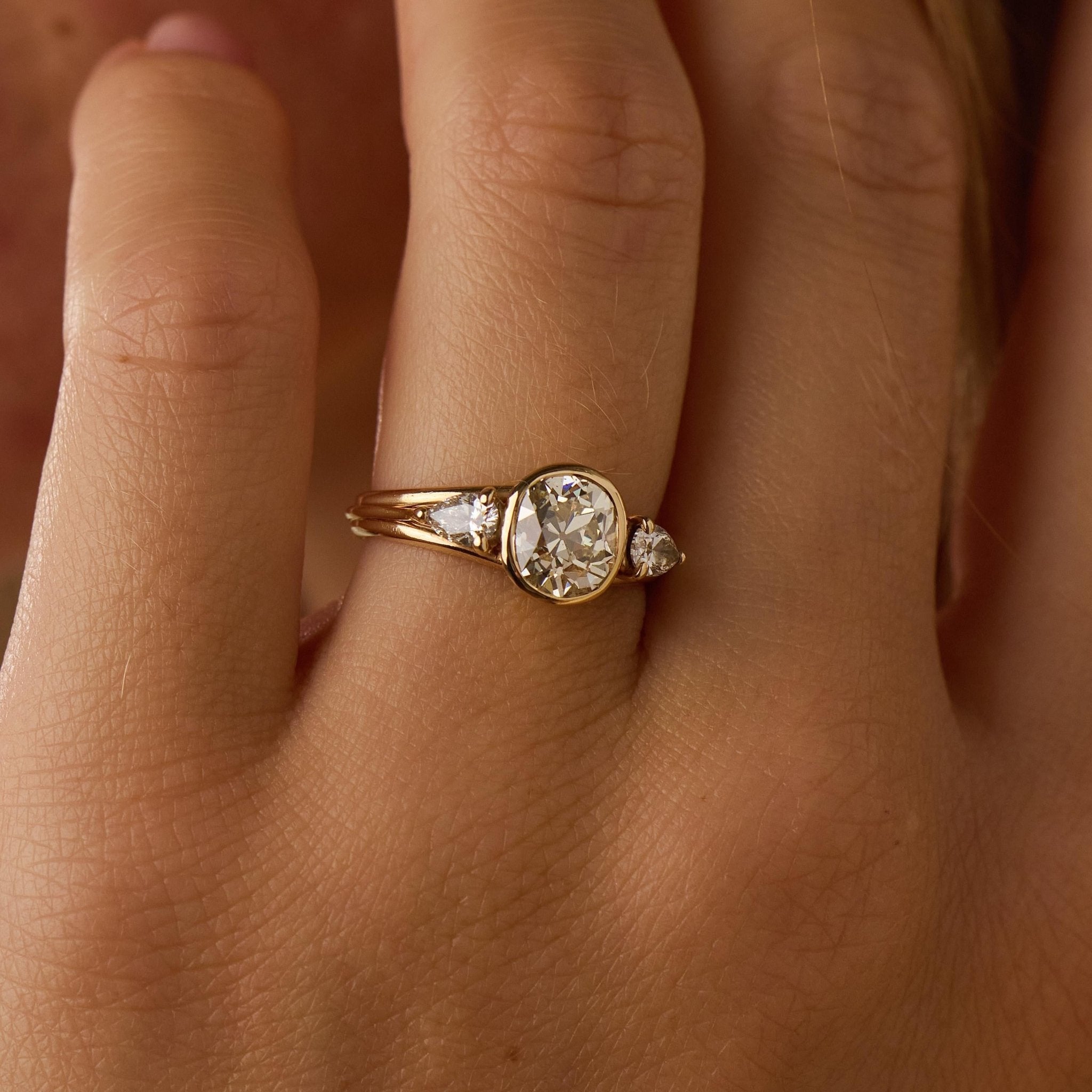 Vintage GIA 2.01 carat old mine cut diamond 14k yellow gold bezel set ring