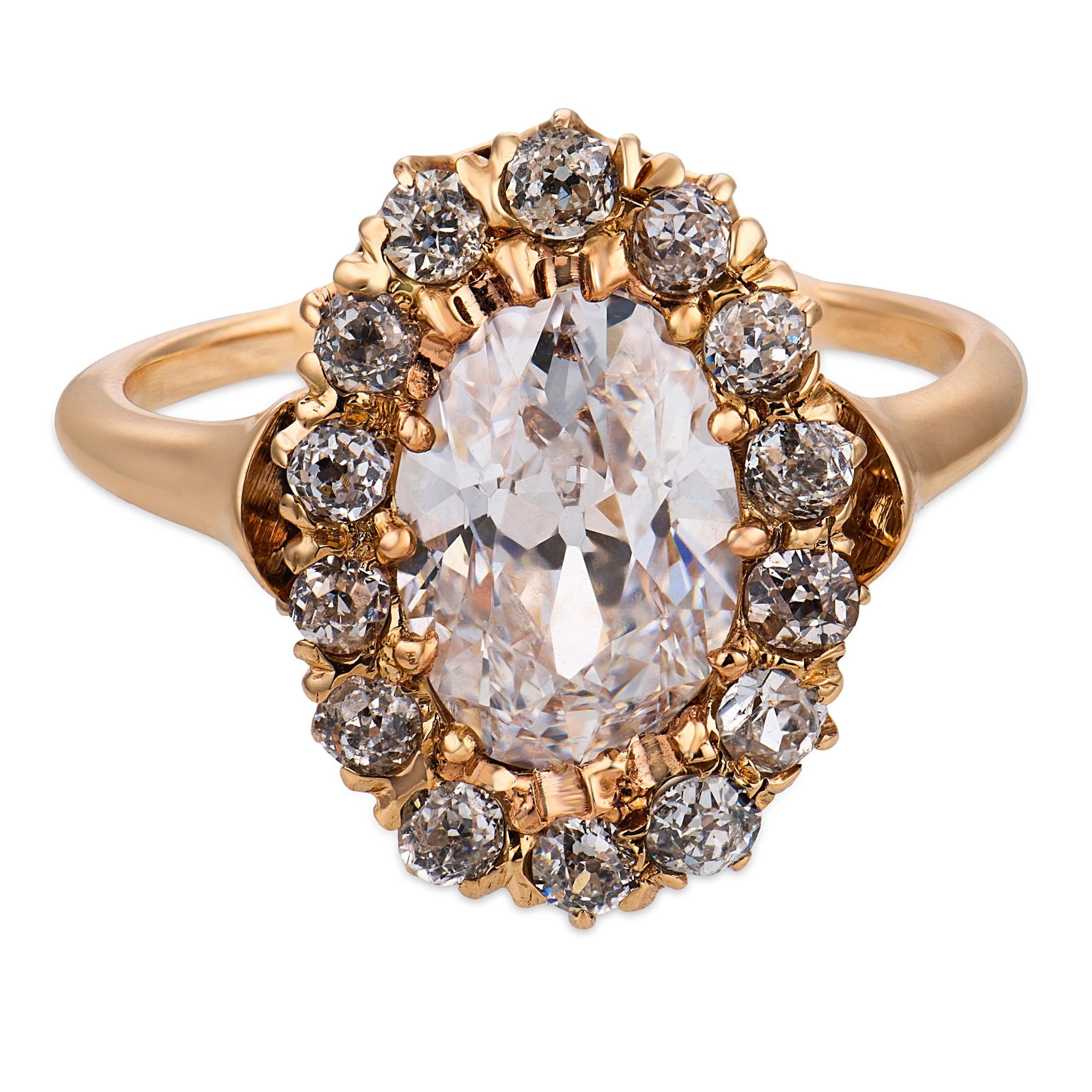 Victorian GIA 1.51 carat diamond 14k yellow gold cluster ring