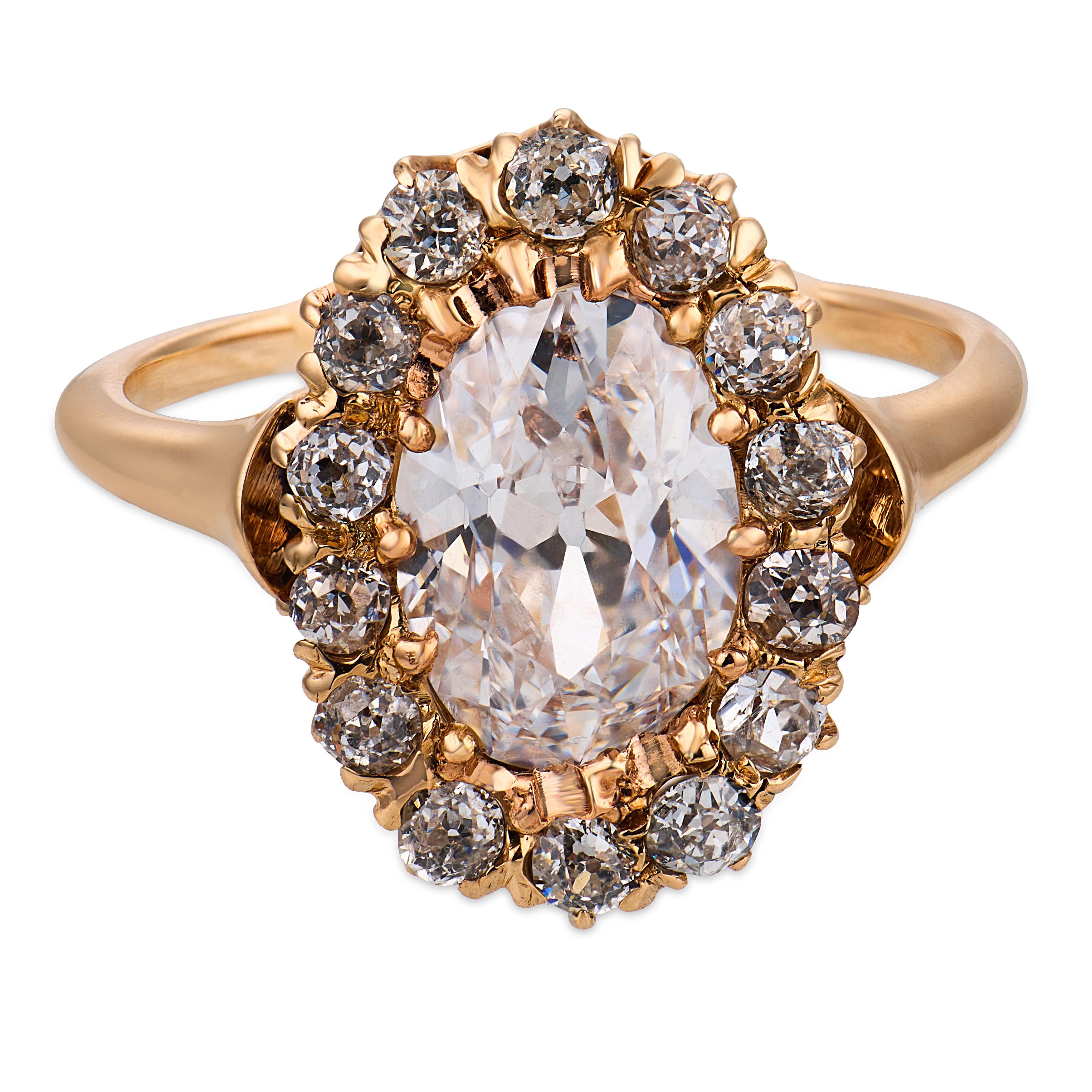 Victorian GIA 1.51 carat diamond 14k yellow gold cluster ring