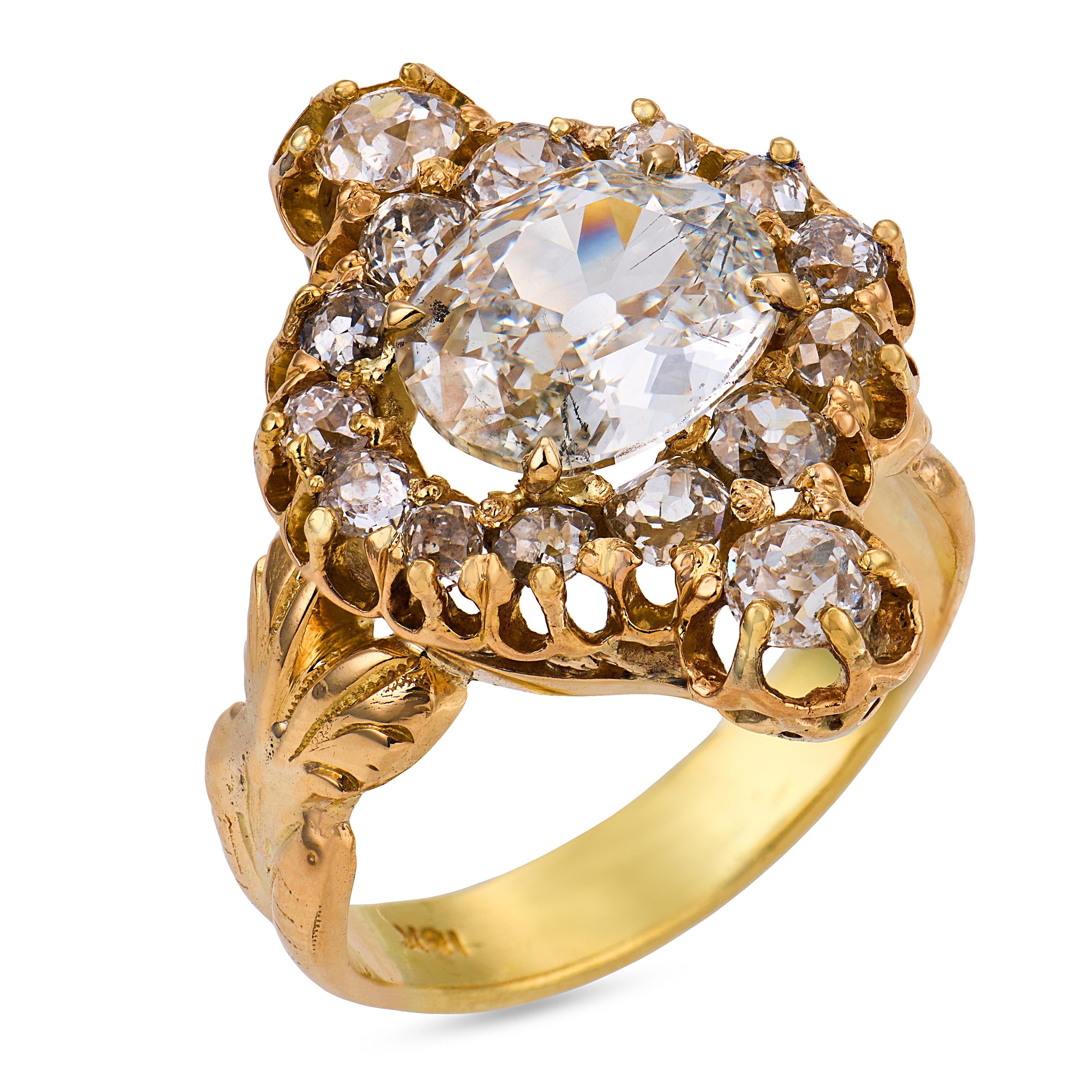Victorian GIA 1.80 carat diamond 18k yellow gold cluster ring