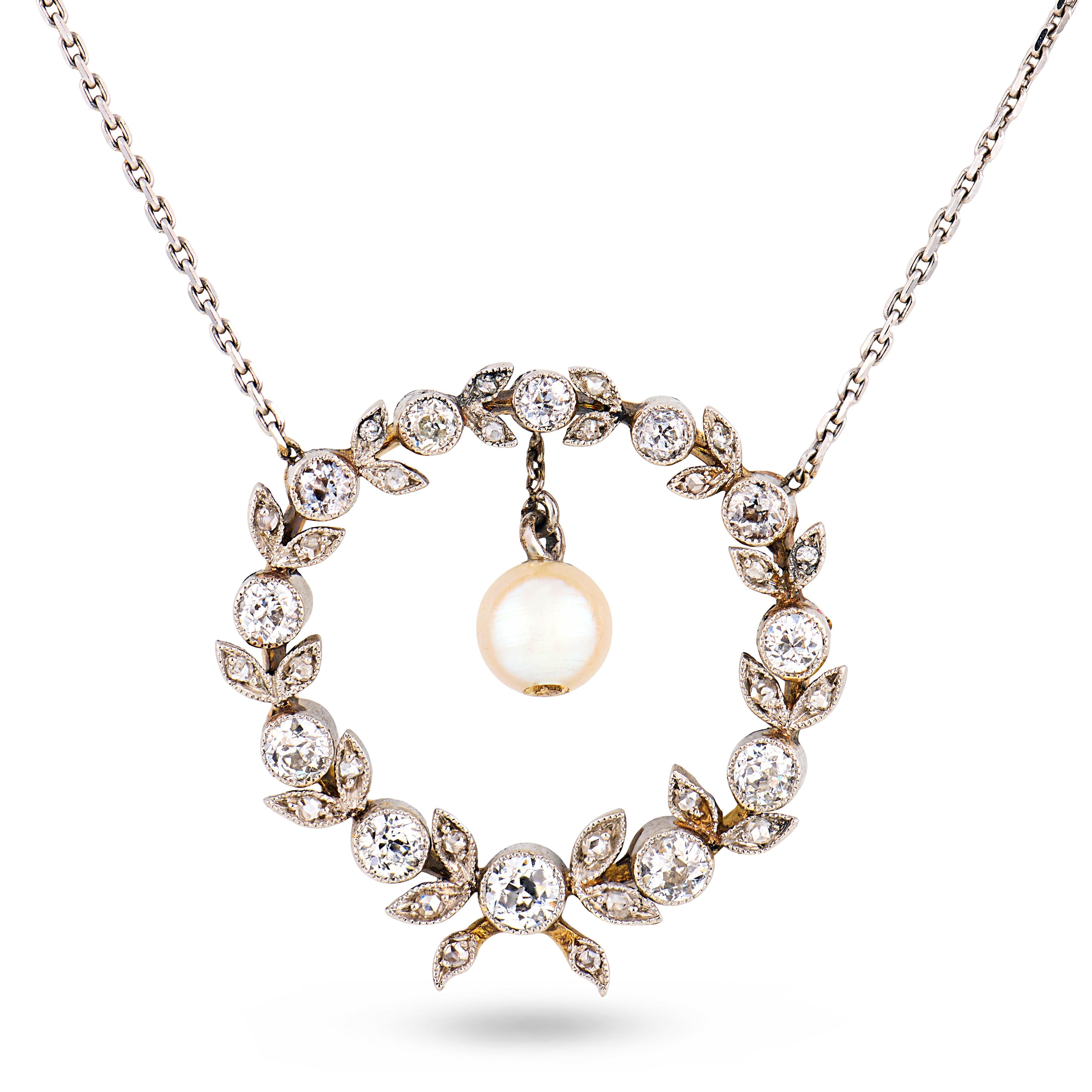 Edwardian diamond pearl platinum wreath necklace