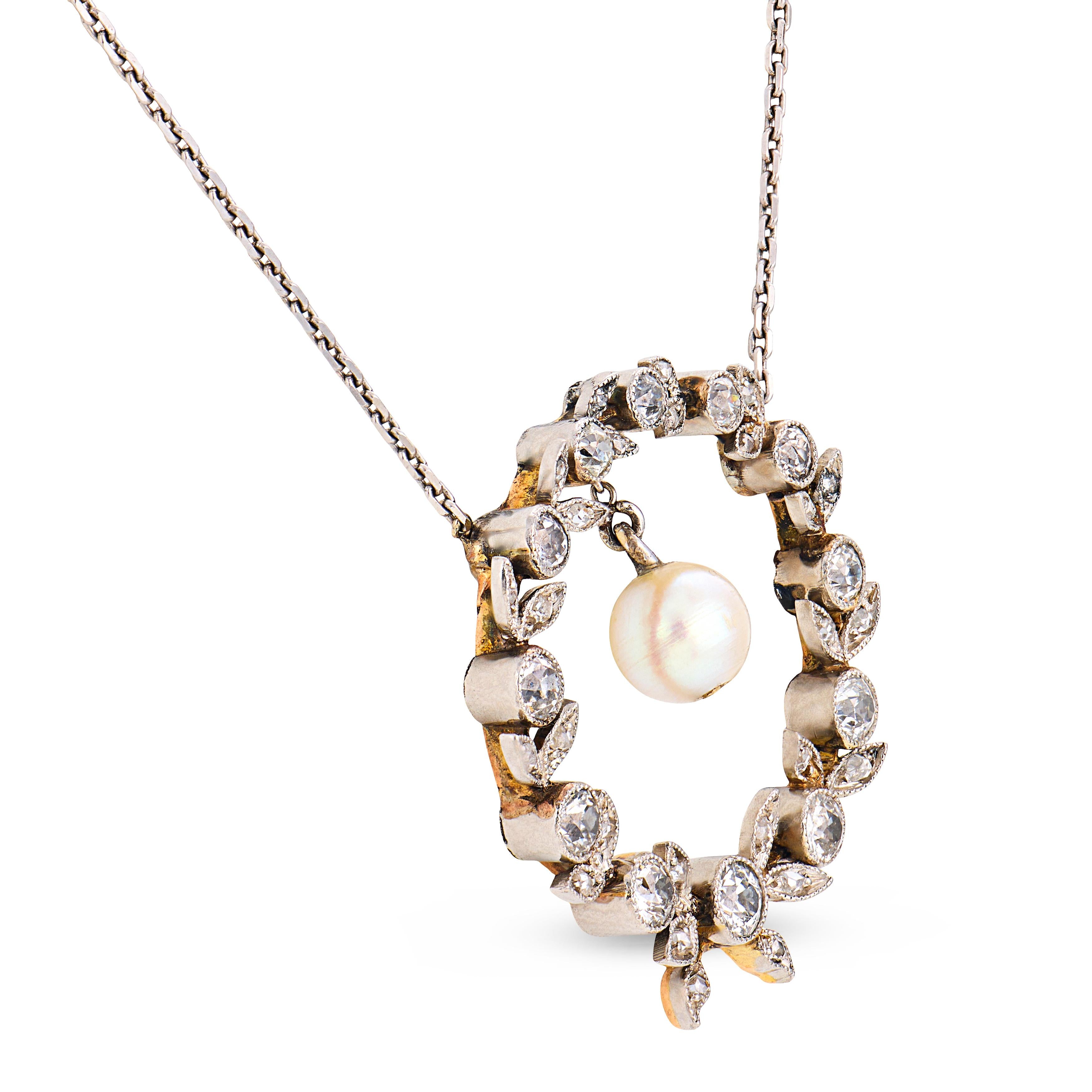 Edwardian diamond pearl platinum wreath necklace