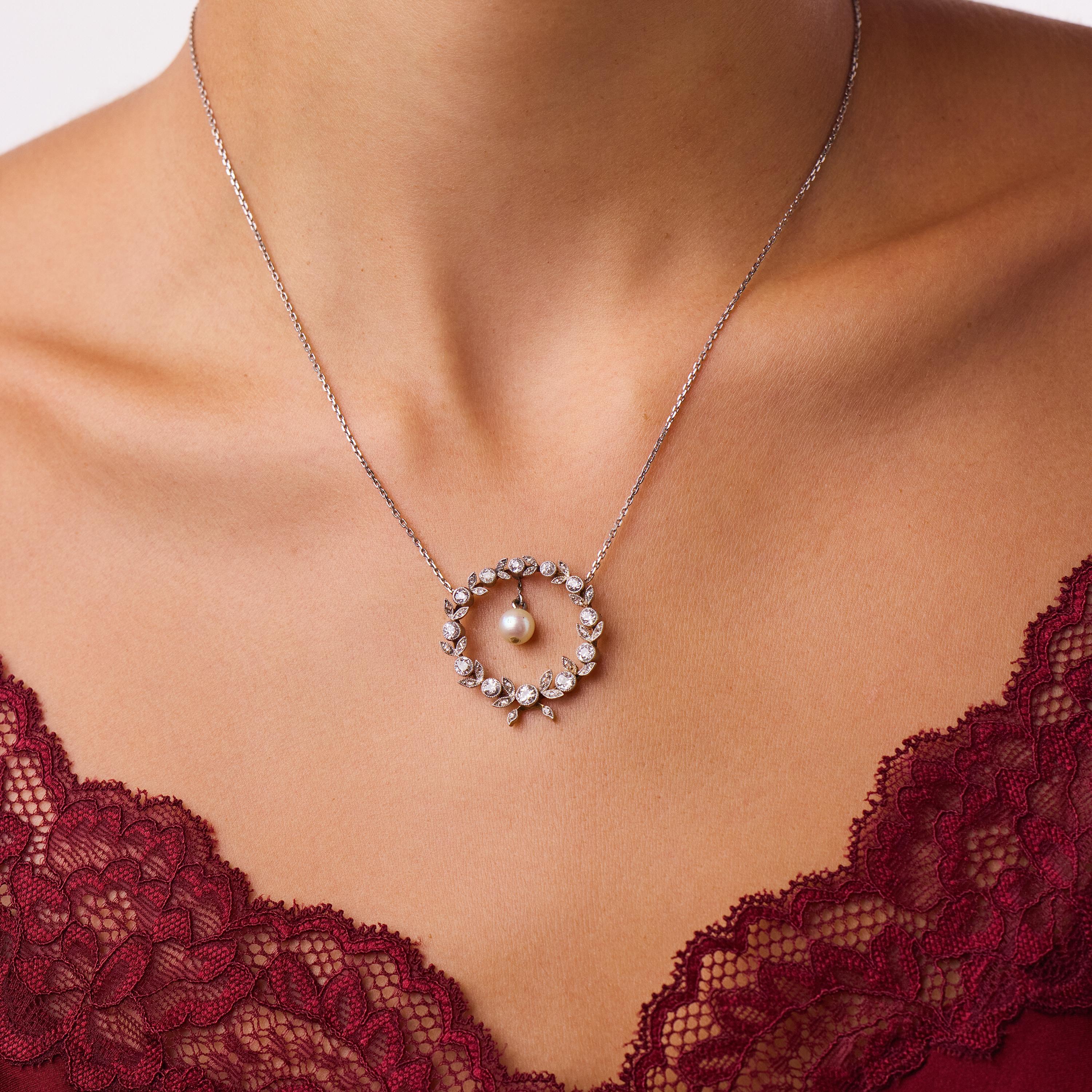 Edwardian diamond pearl platinum wreath necklace