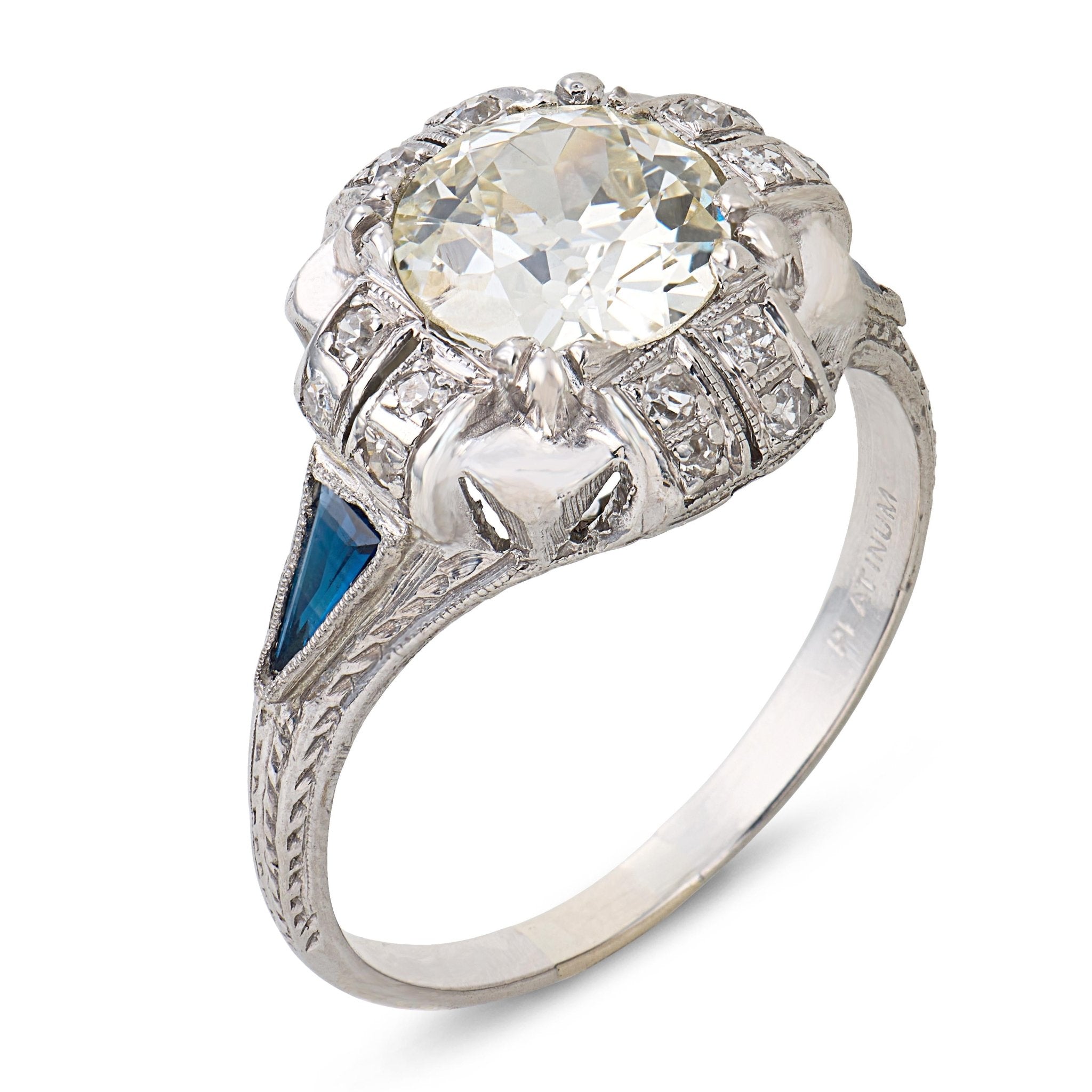 Art Deco GIA 1.45 carat old European diamond sapphire platinum engagement ring