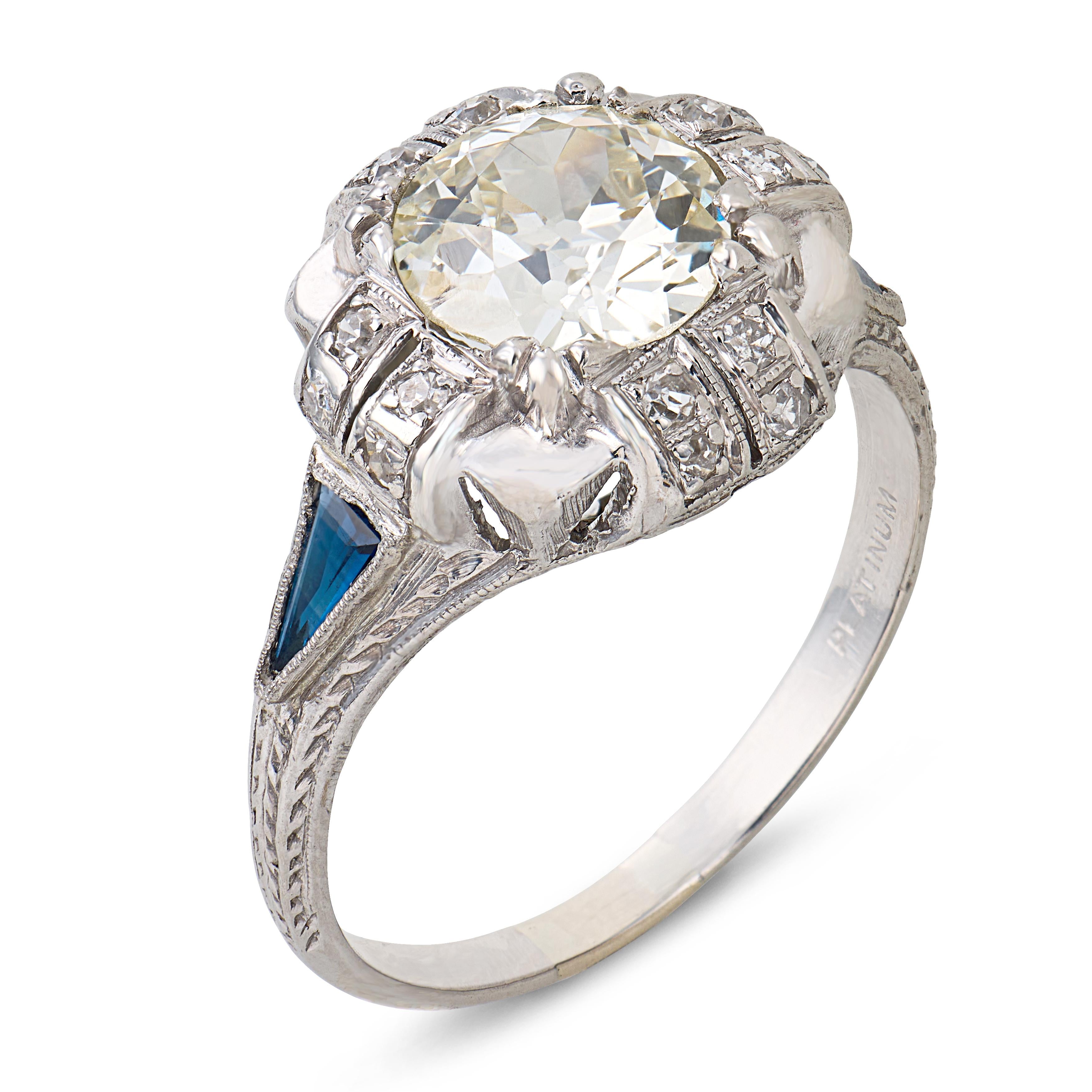 Art Deco GIA 1.45 carat old European diamond sapphire platinum engagement ring