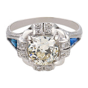 Art Deco GIA 1.45 carat old European diamond sapphire platinum engagement ring