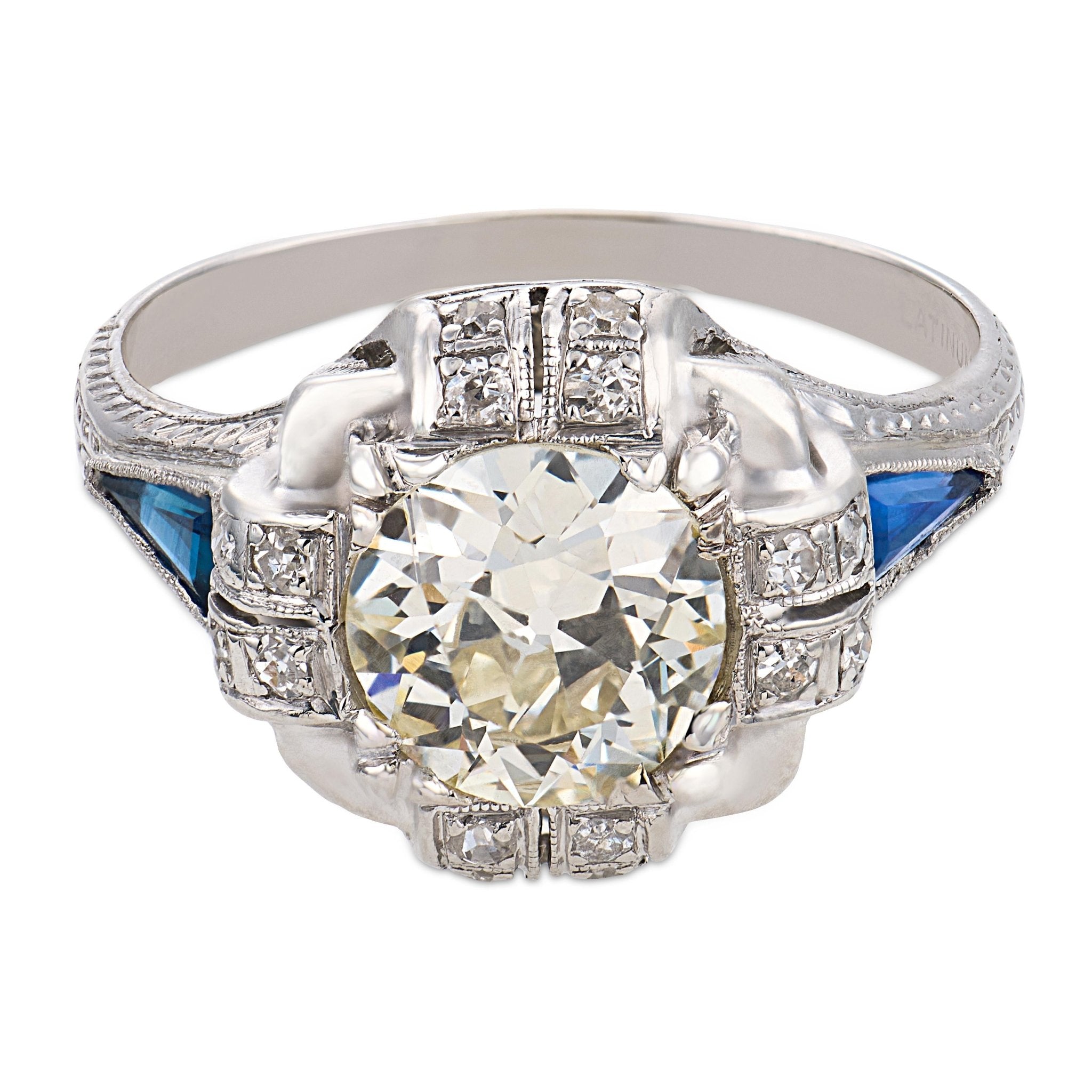Art Deco GIA 1.45 carat old European diamond sapphire platinum engagement ring