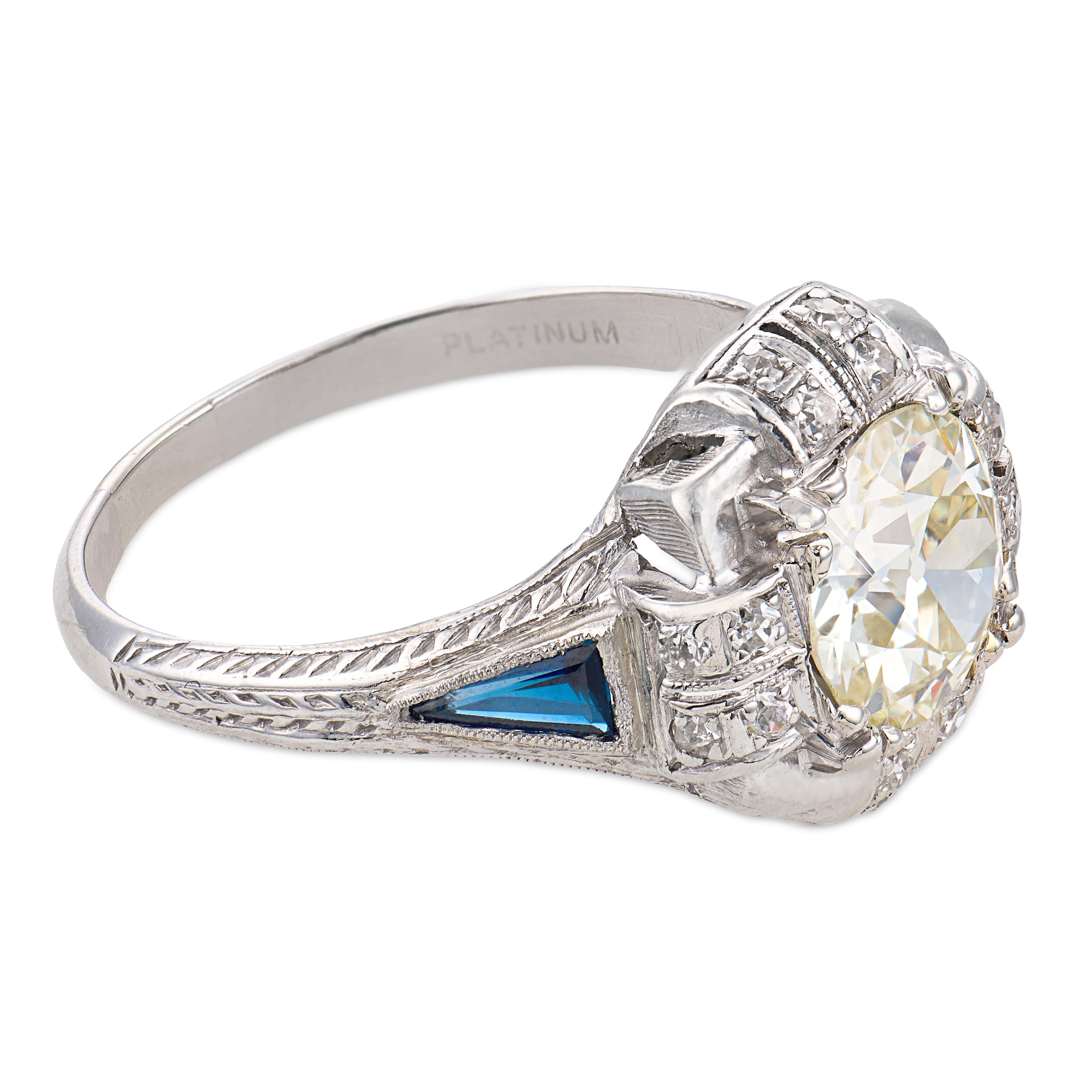 Art Deco GIA 1.45 carat old European diamond sapphire platinum engagement ring