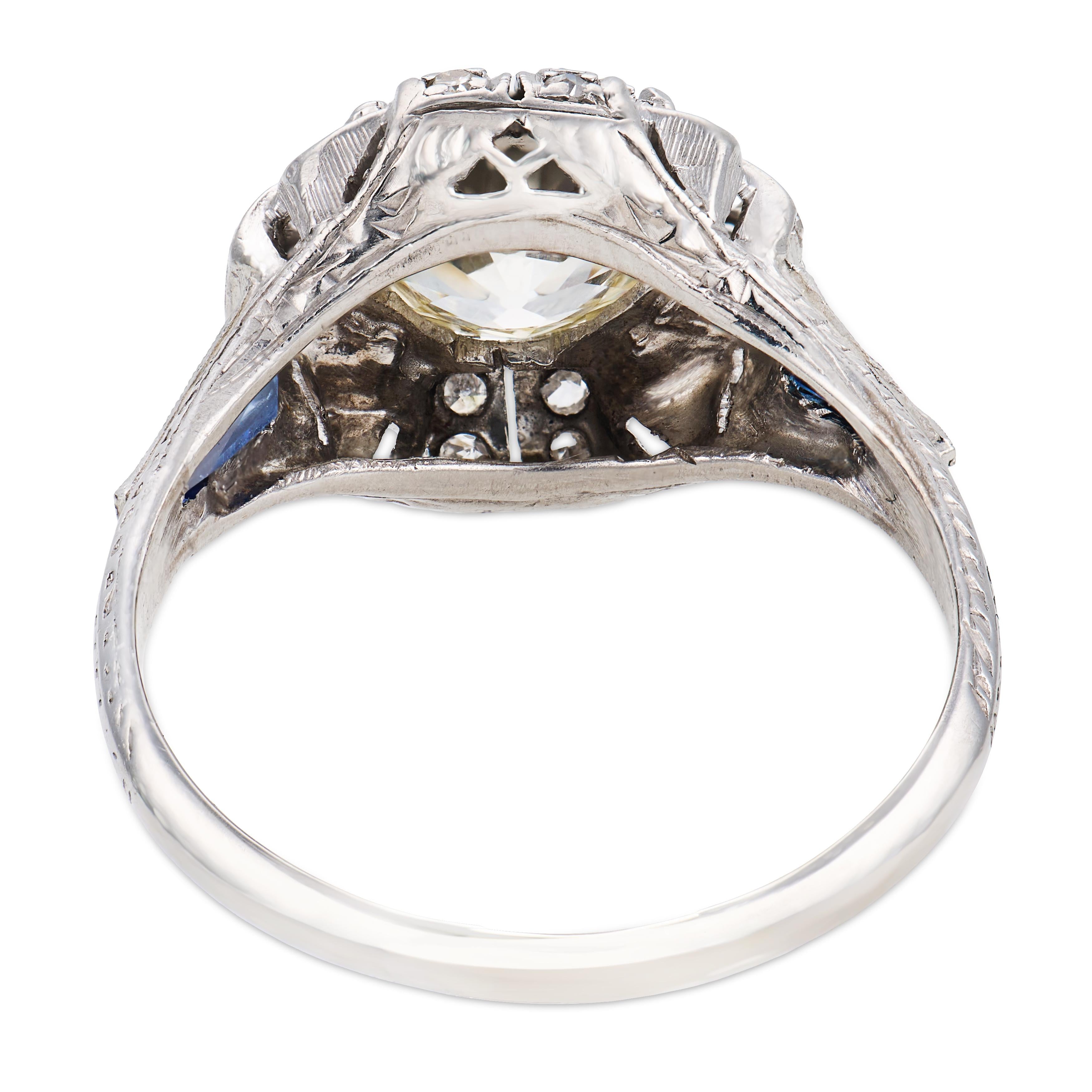 Art Deco GIA 1.45 carat old European diamond sapphire platinum engagement ring