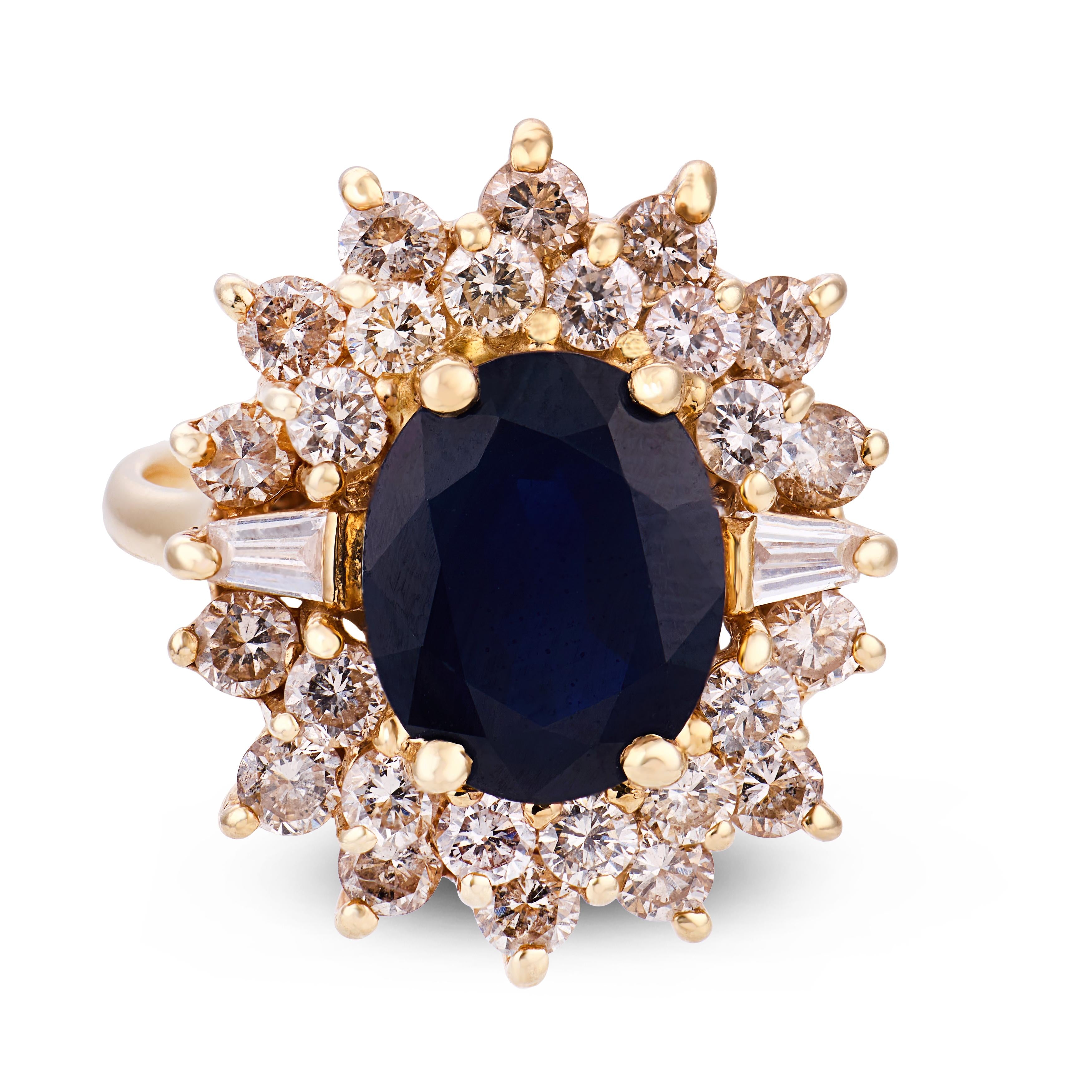 Vintage GIA 3.00 carat sapphire diamond 14k yellow gold cluster ring