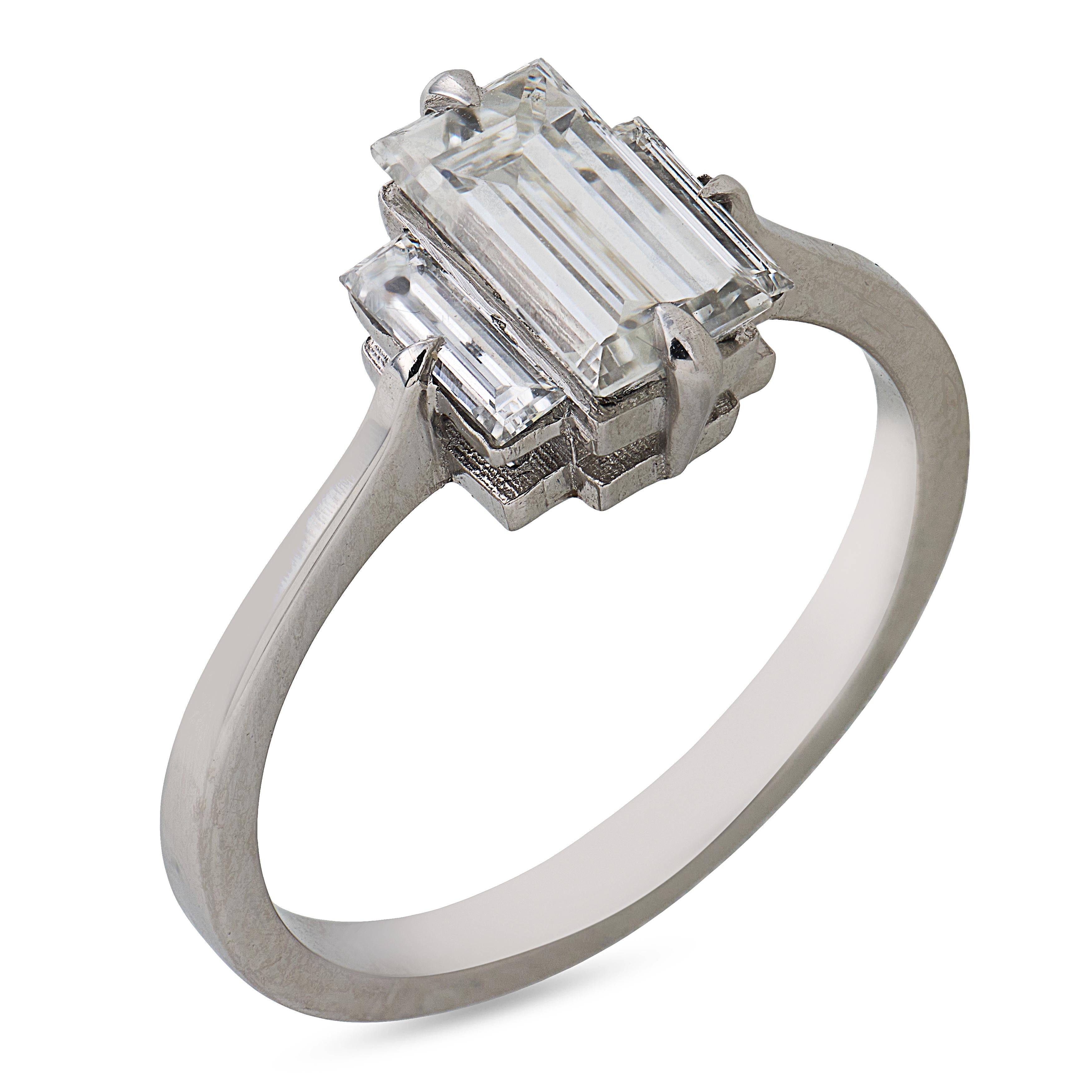 Mid Century GIA 1.00 carat diamond platinum three stone engagement ring