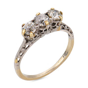 Art Deco old European cut diamond 14k white gold three stone ring