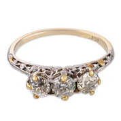 Art Deco old European cut diamond 14k white gold three stone ring