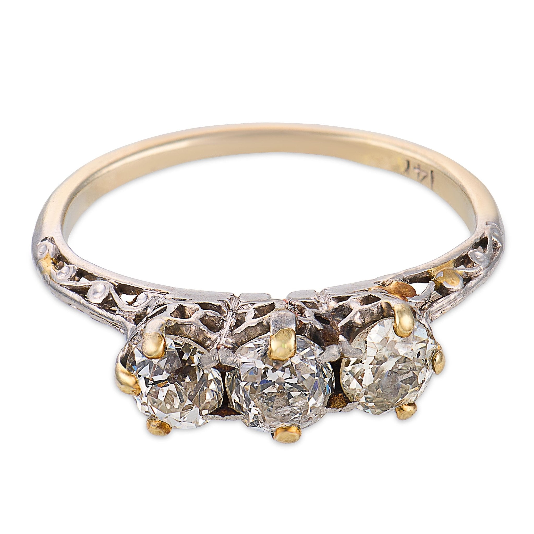 Art Deco old European cut diamond 14k white gold three stone ring