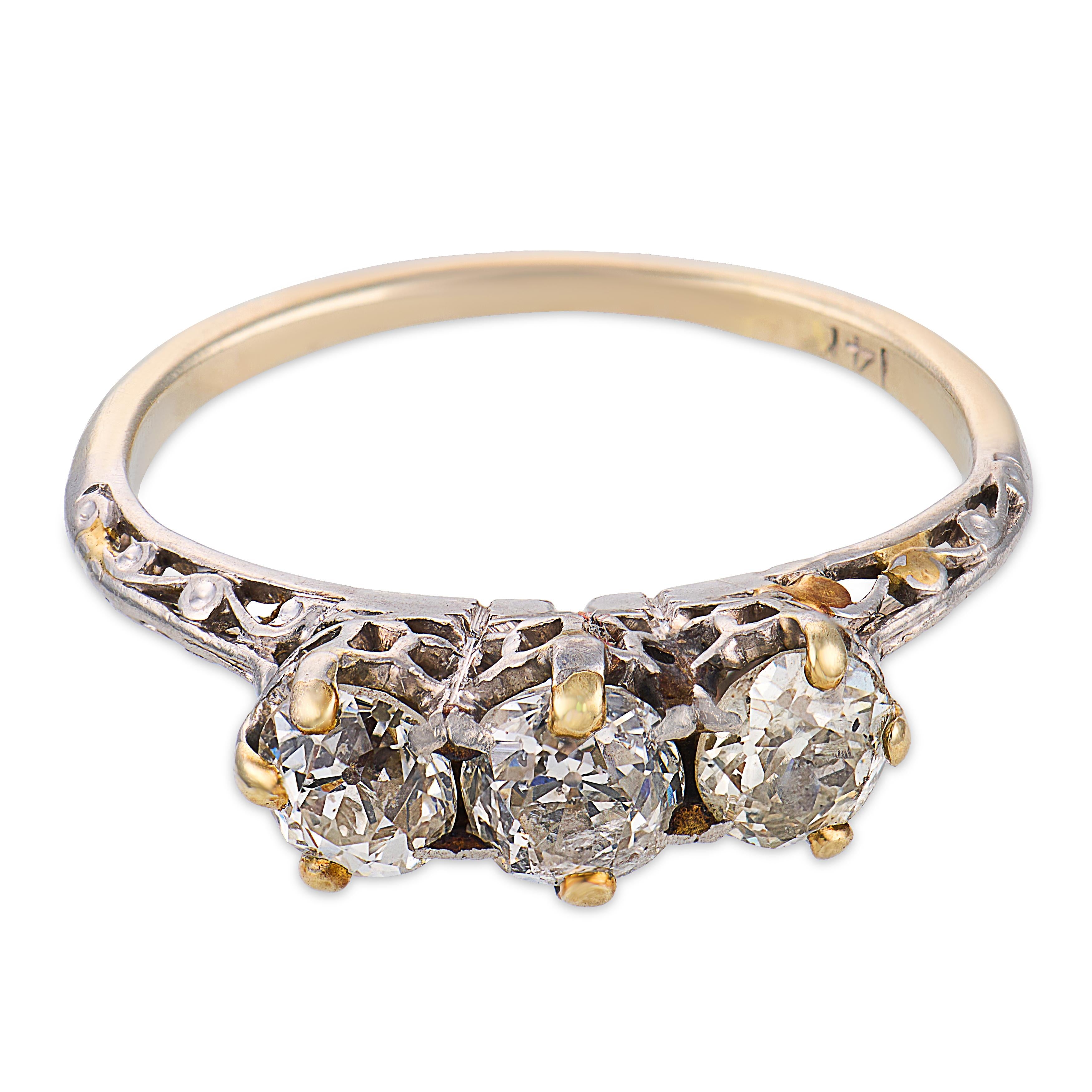 Art Deco old European cut diamond 14k white gold three stone ring
