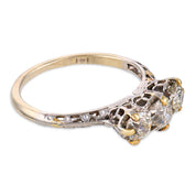 Art Deco old European cut diamond 14k white gold three stone ring