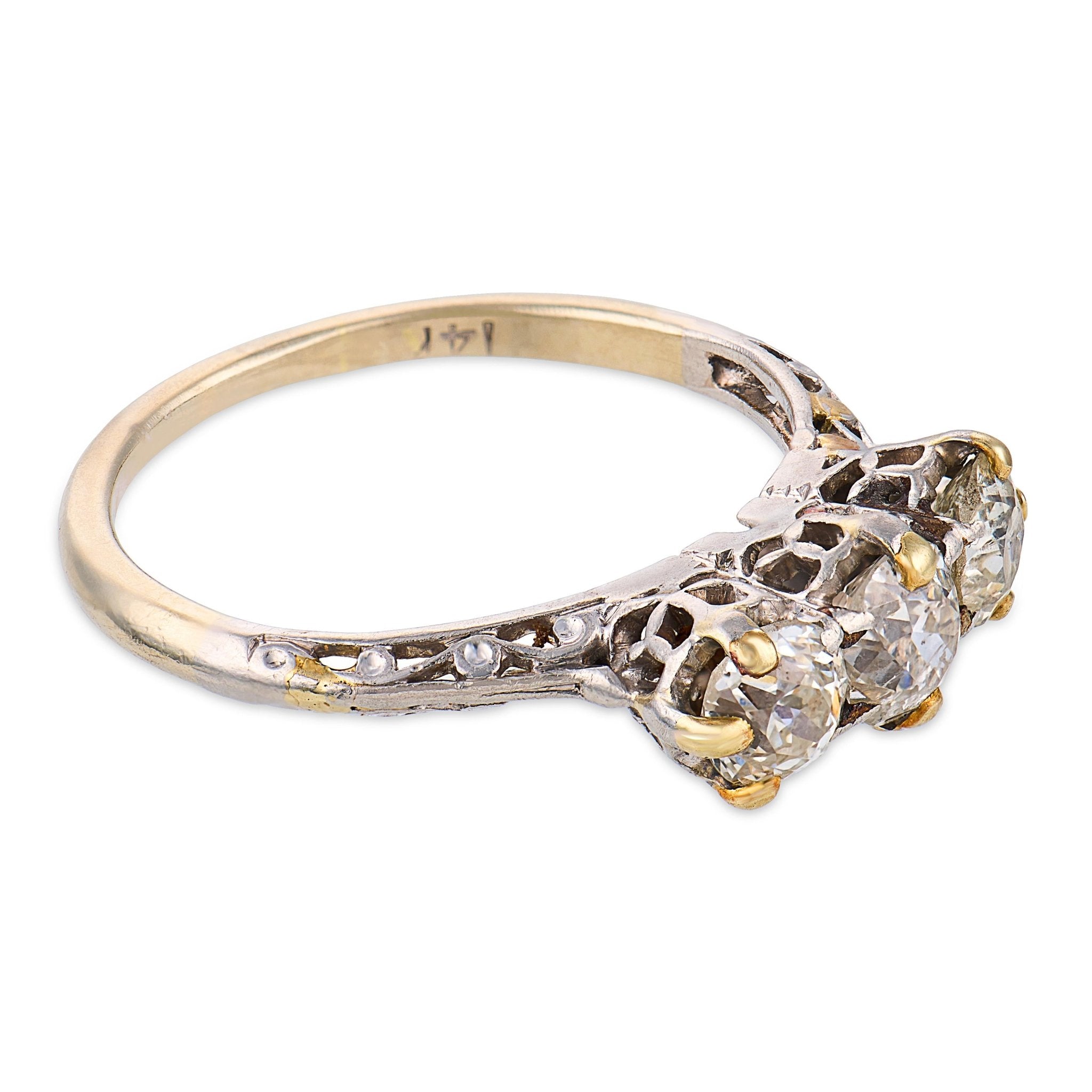 Art Deco old European cut diamond 14k white gold three stone ring