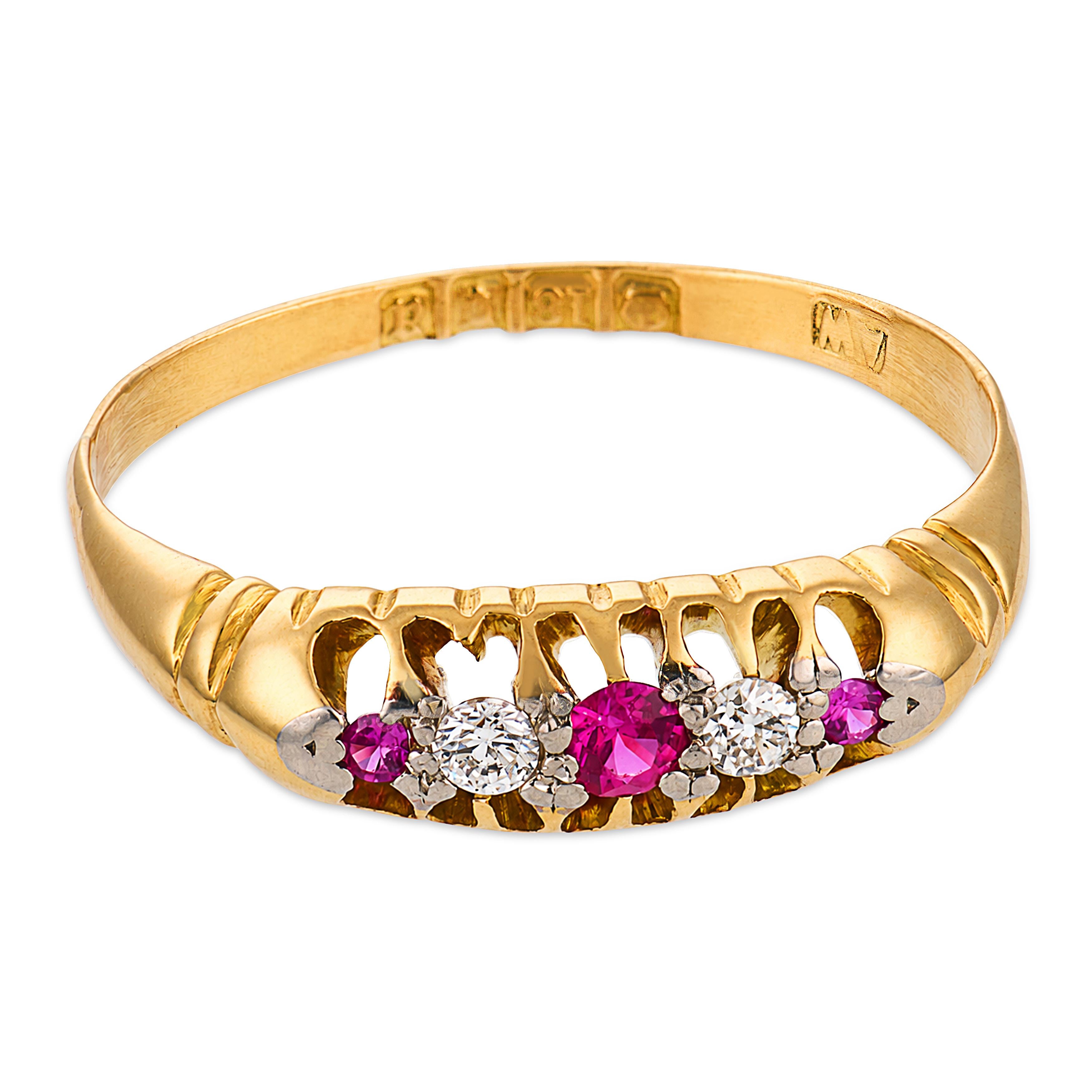 Victorian English ruby diamond 18k yellow gold 5 stone band ring