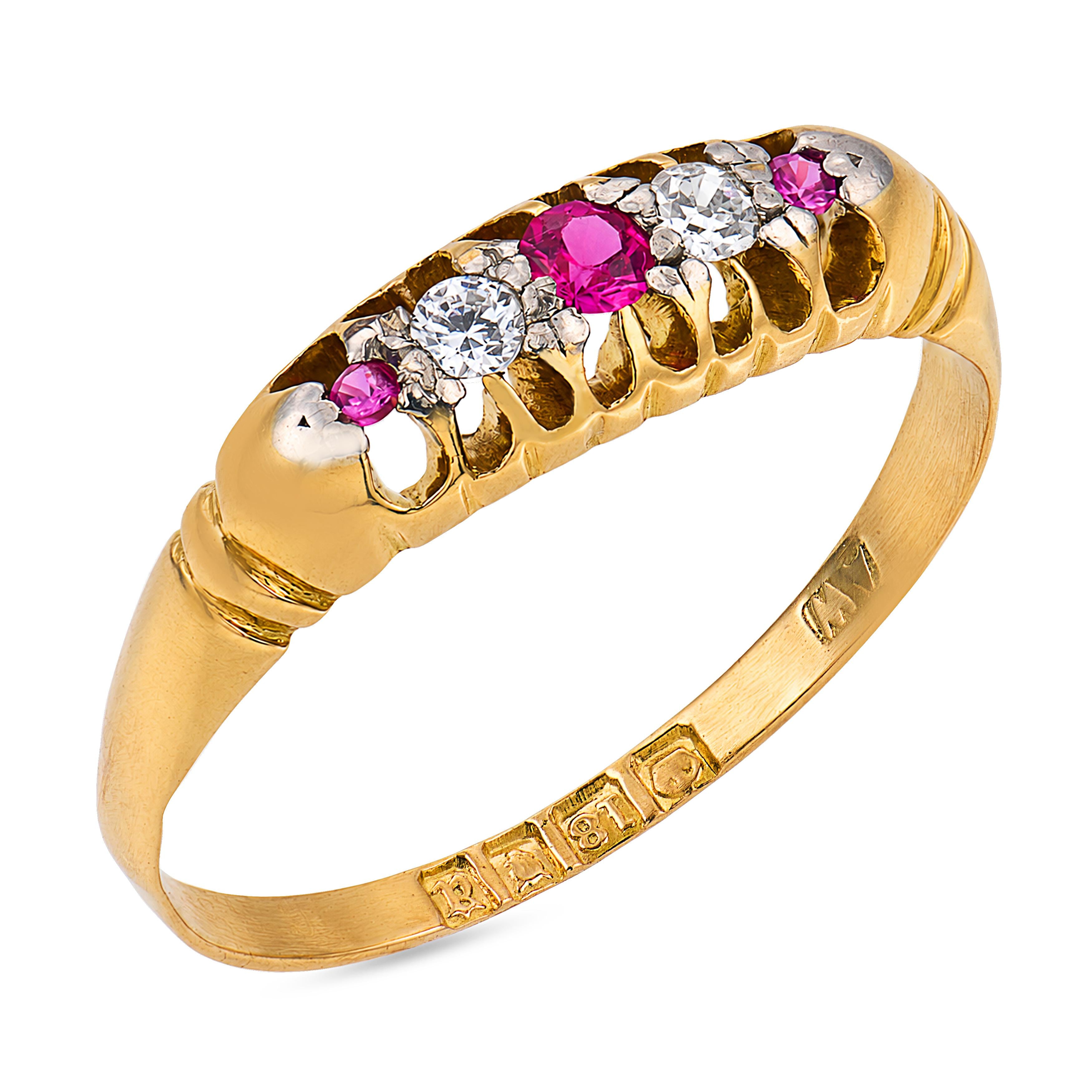 Victorian English ruby diamond 18k yellow gold 5 stone band ring