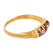 Victorian English ruby diamond 18k yellow gold 5 stone band ring