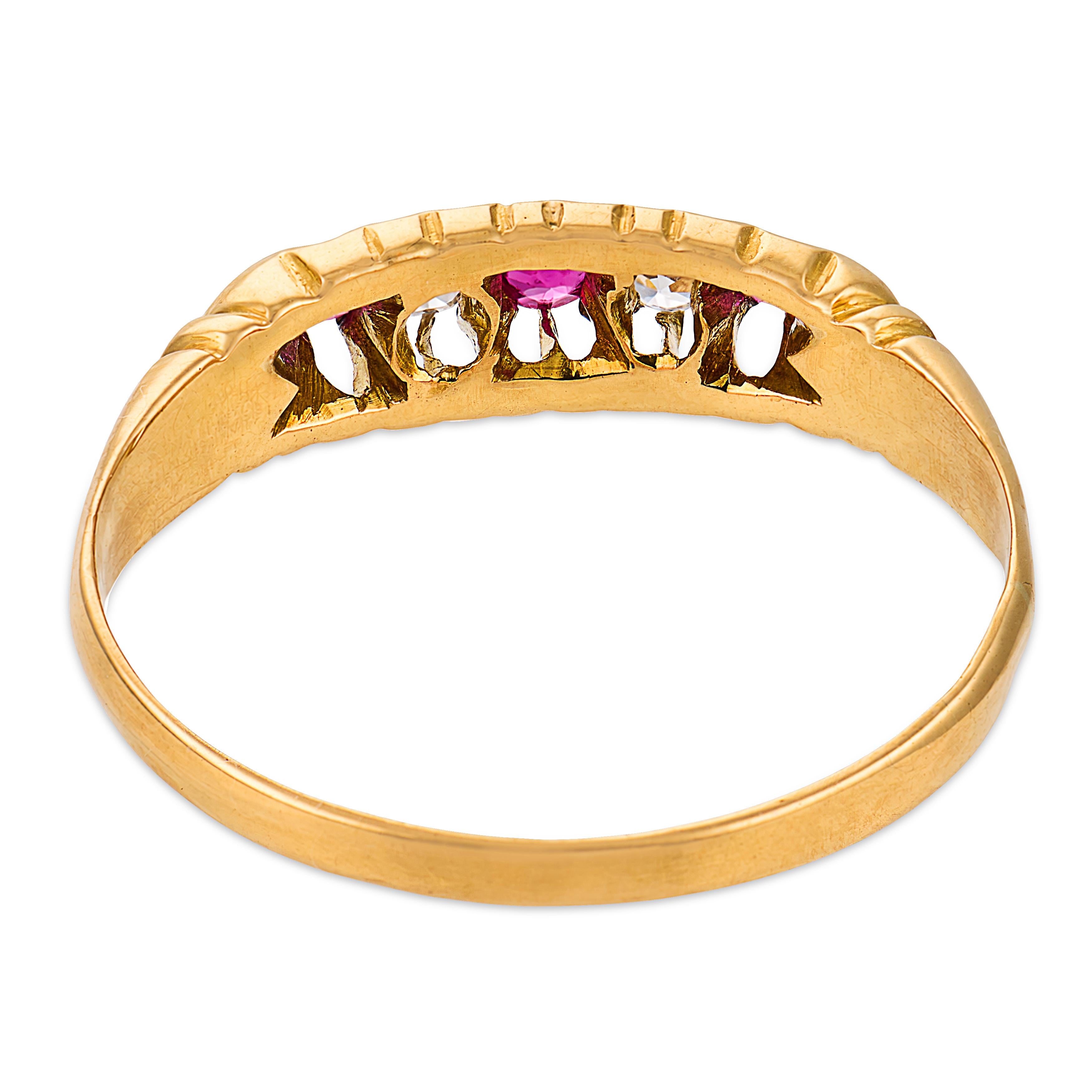 Victorian English ruby diamond 18k yellow gold 5 stone band ring