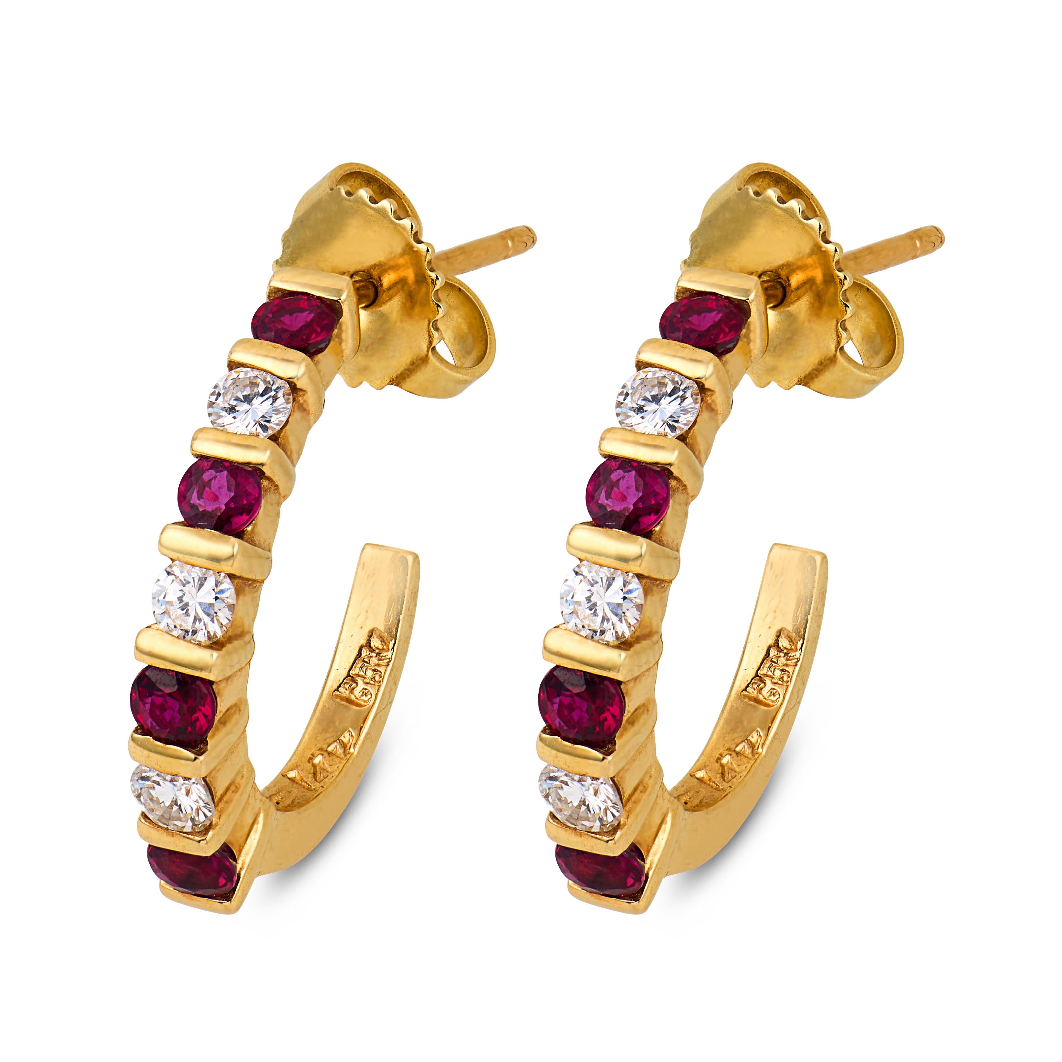 Vintage ruby diamond 14k yellow gold half hoop earrings