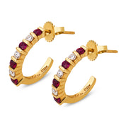 Vintage ruby diamond 14k yellow gold half hoop earrings