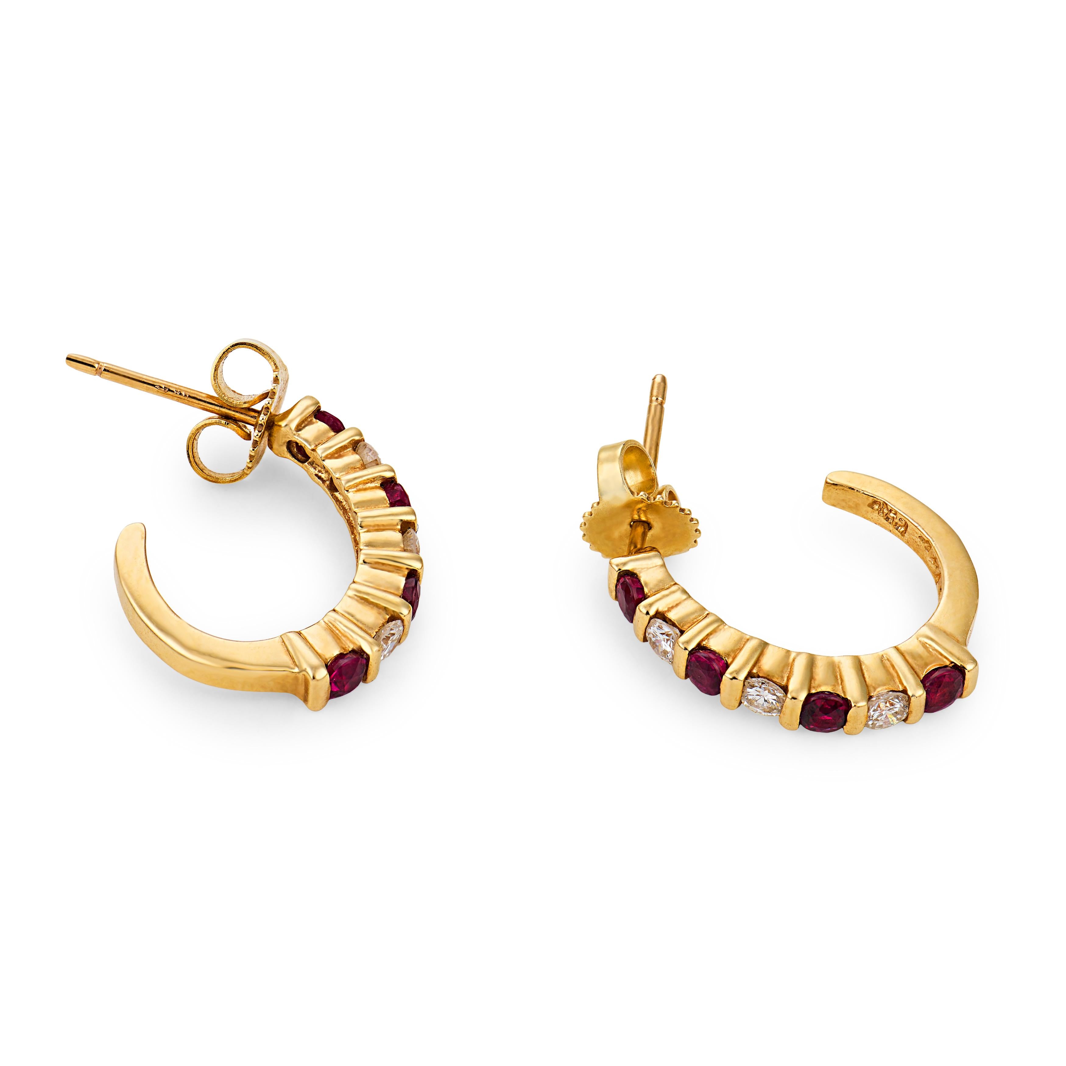 Vintage ruby diamond 14k yellow gold half hoop earrings