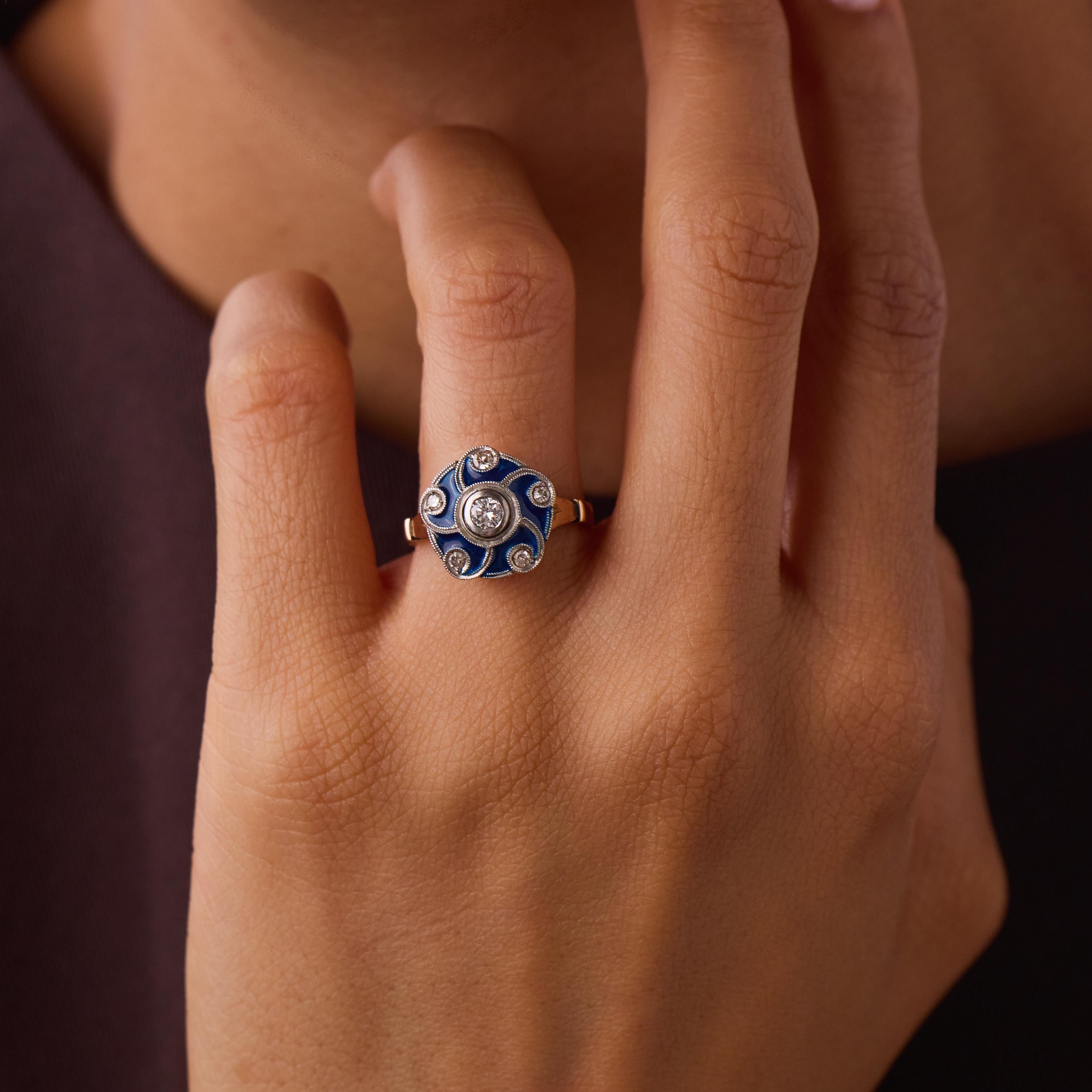 Retro diamond blue enamel 18k rose gold ring