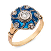 Retro diamond blue enamel 18k rose gold ring