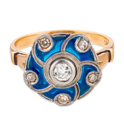Retro diamond blue enamel 18k rose gold ring