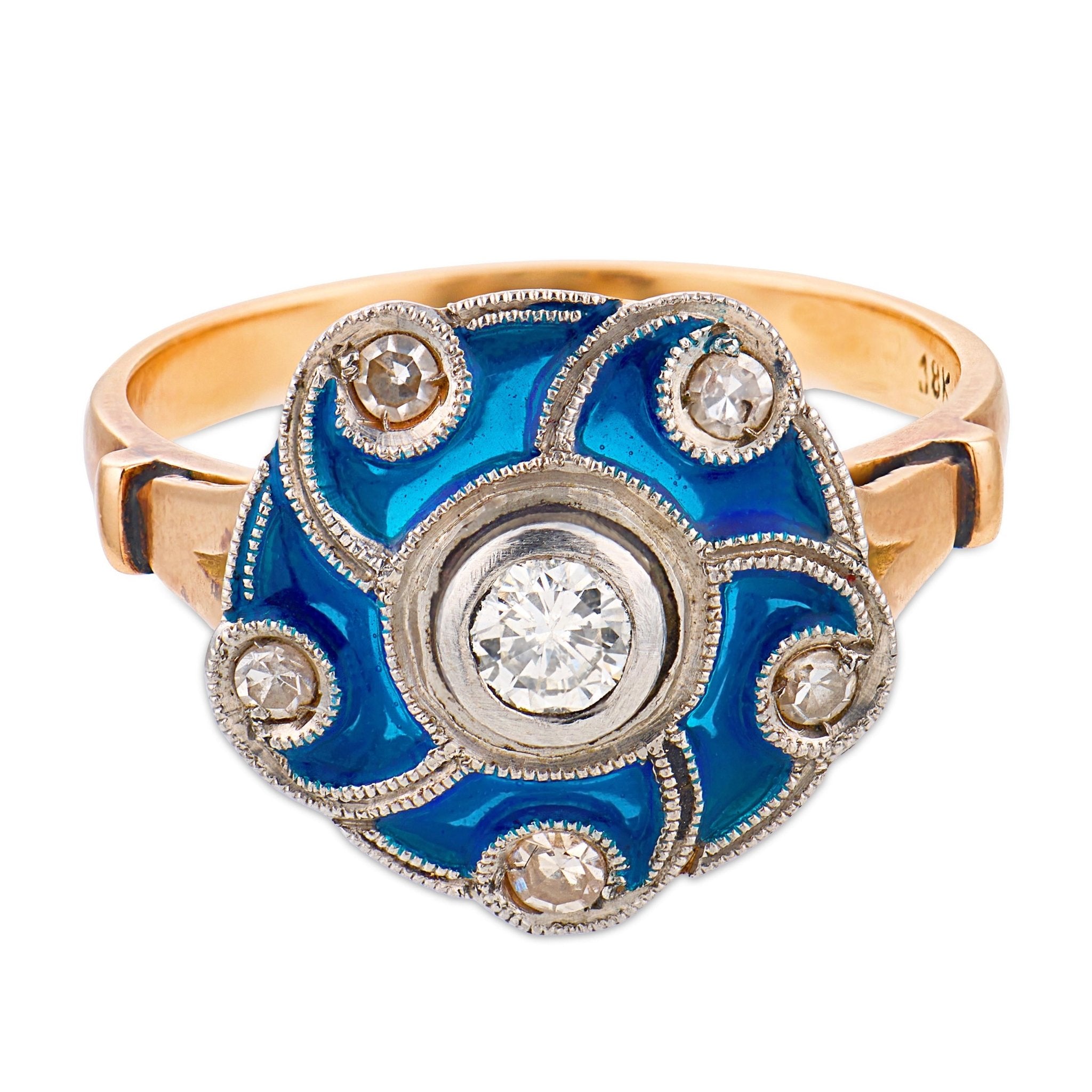 Retro diamond blue enamel 18k rose gold ring