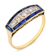 Vintage diamond sapphire 14k yellow gold platinum band ring
