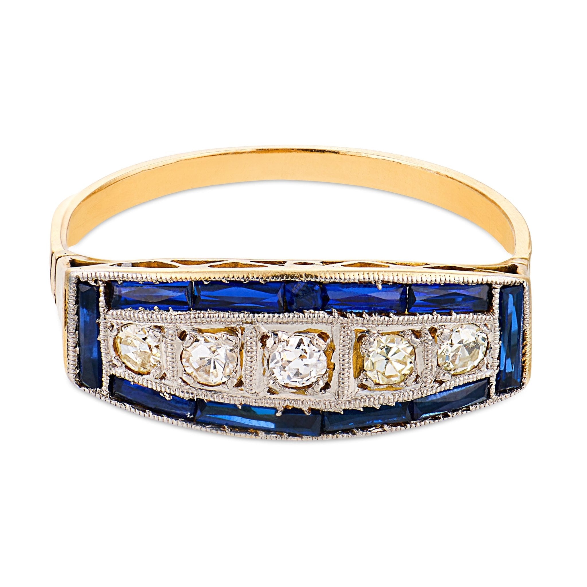 Vintage diamond sapphire 14k yellow gold platinum band ring