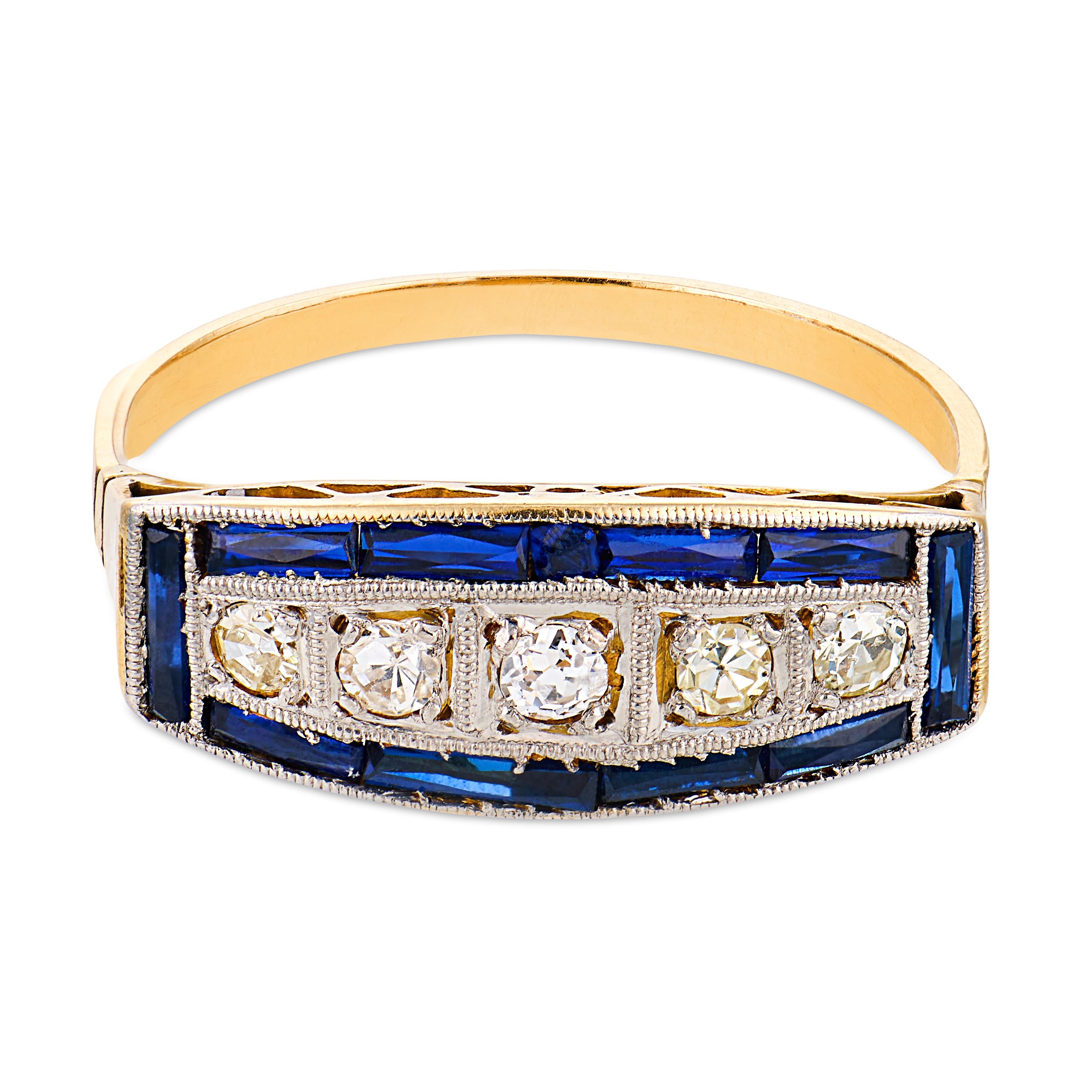 Vintage diamond sapphire 14k yellow gold platinum band ring