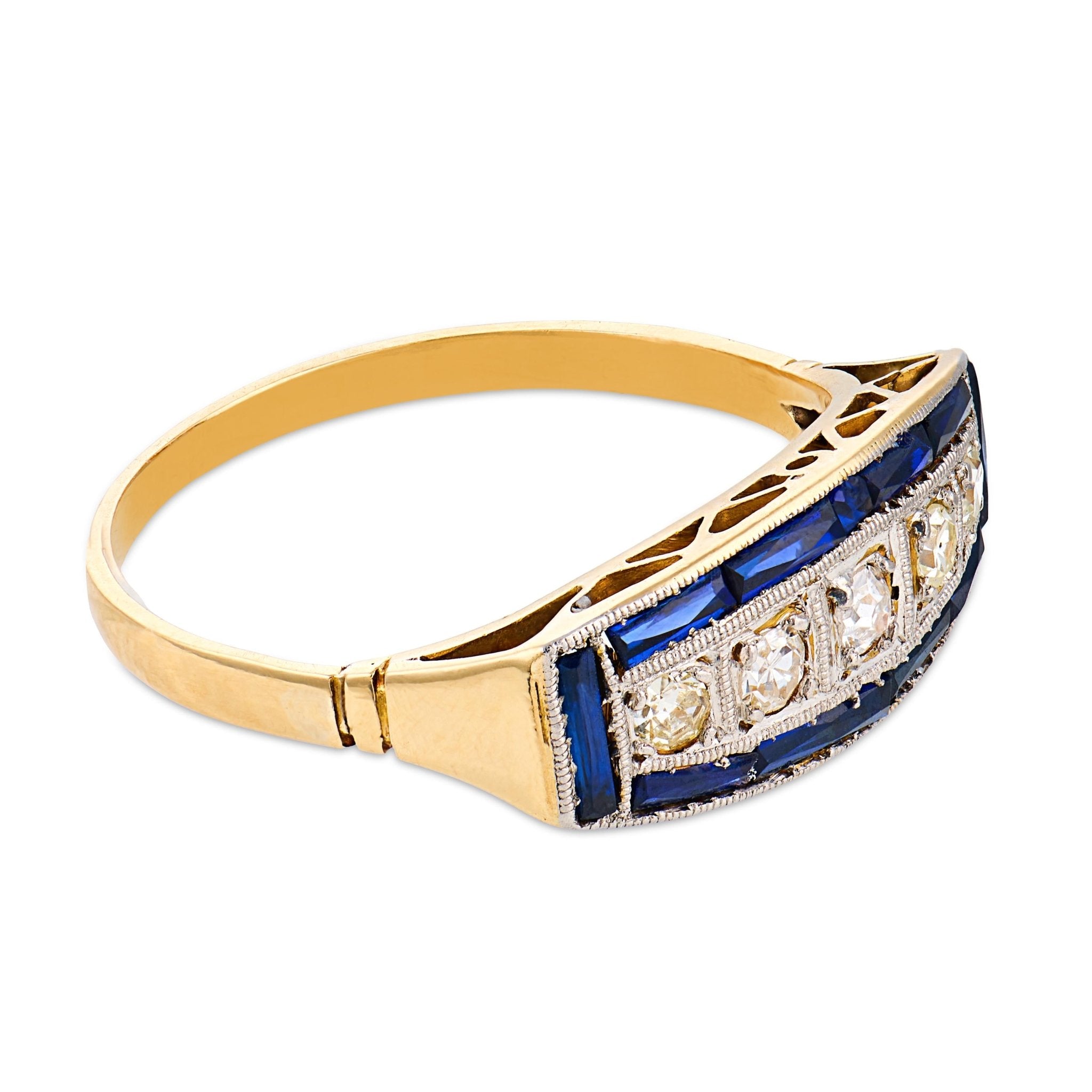 Vintage diamond sapphire 14k yellow gold platinum band ring