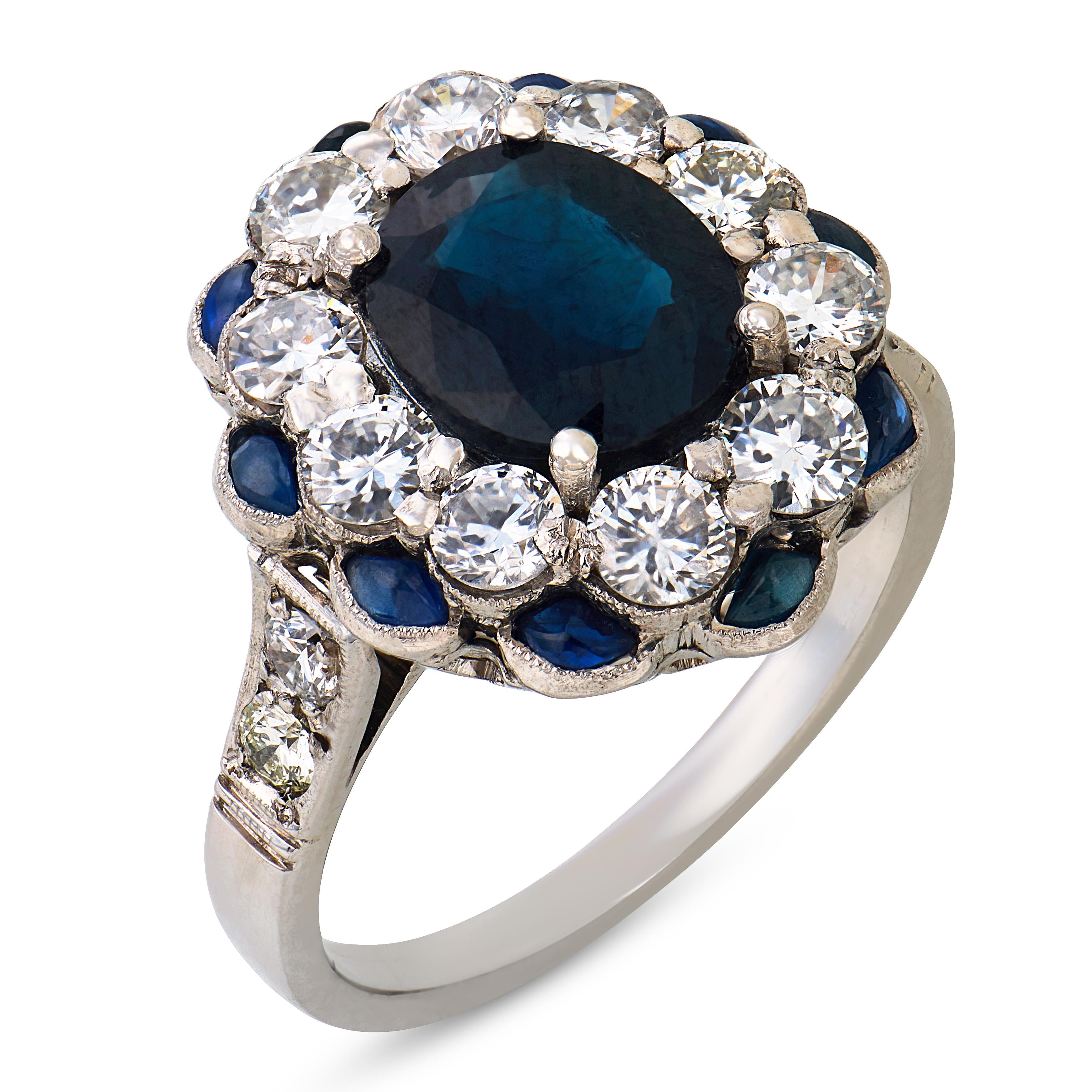 Art Deco style 1.50 carat sapphire diamond platinum cluster ring