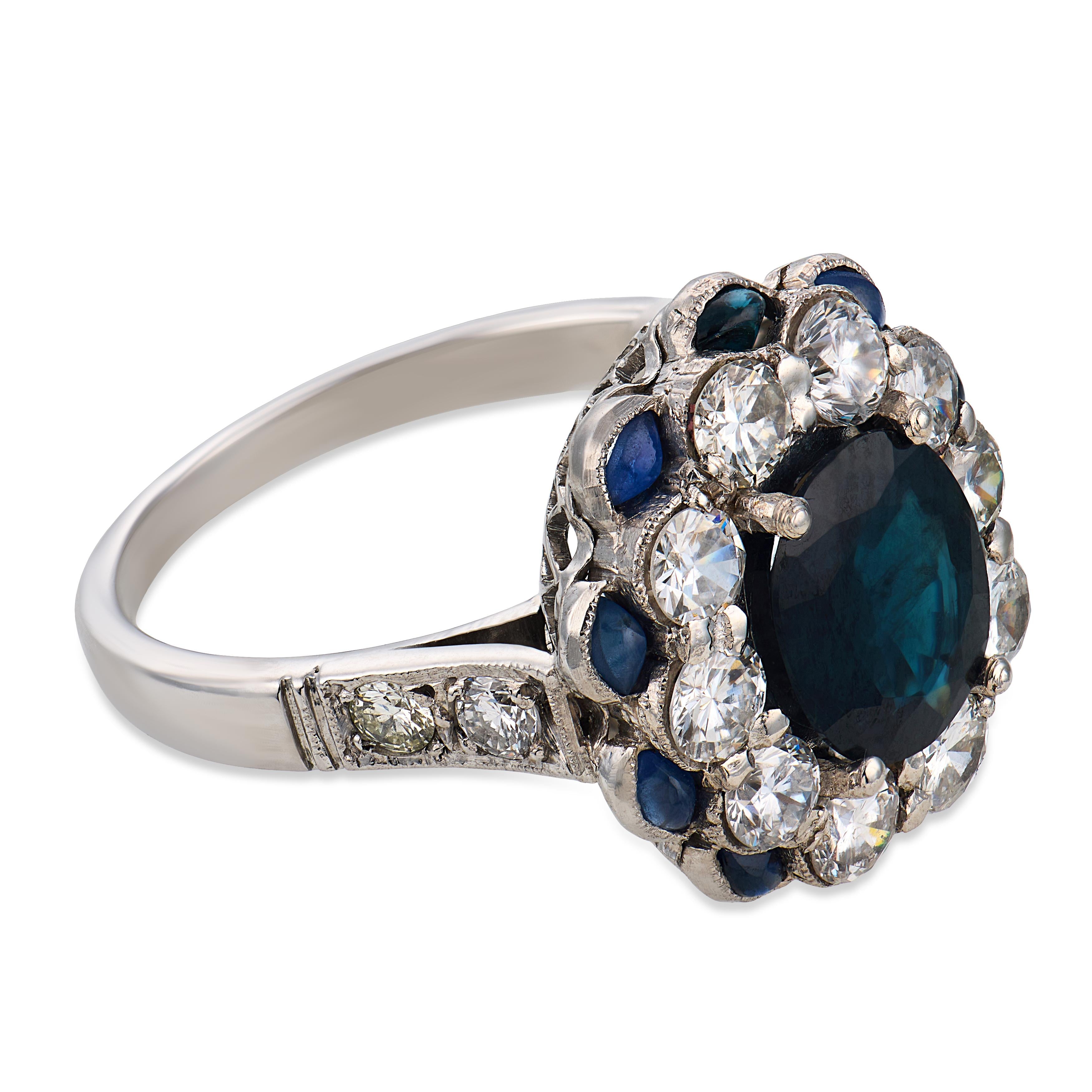Art Deco style 1.50 carat sapphire diamond platinum cluster ring