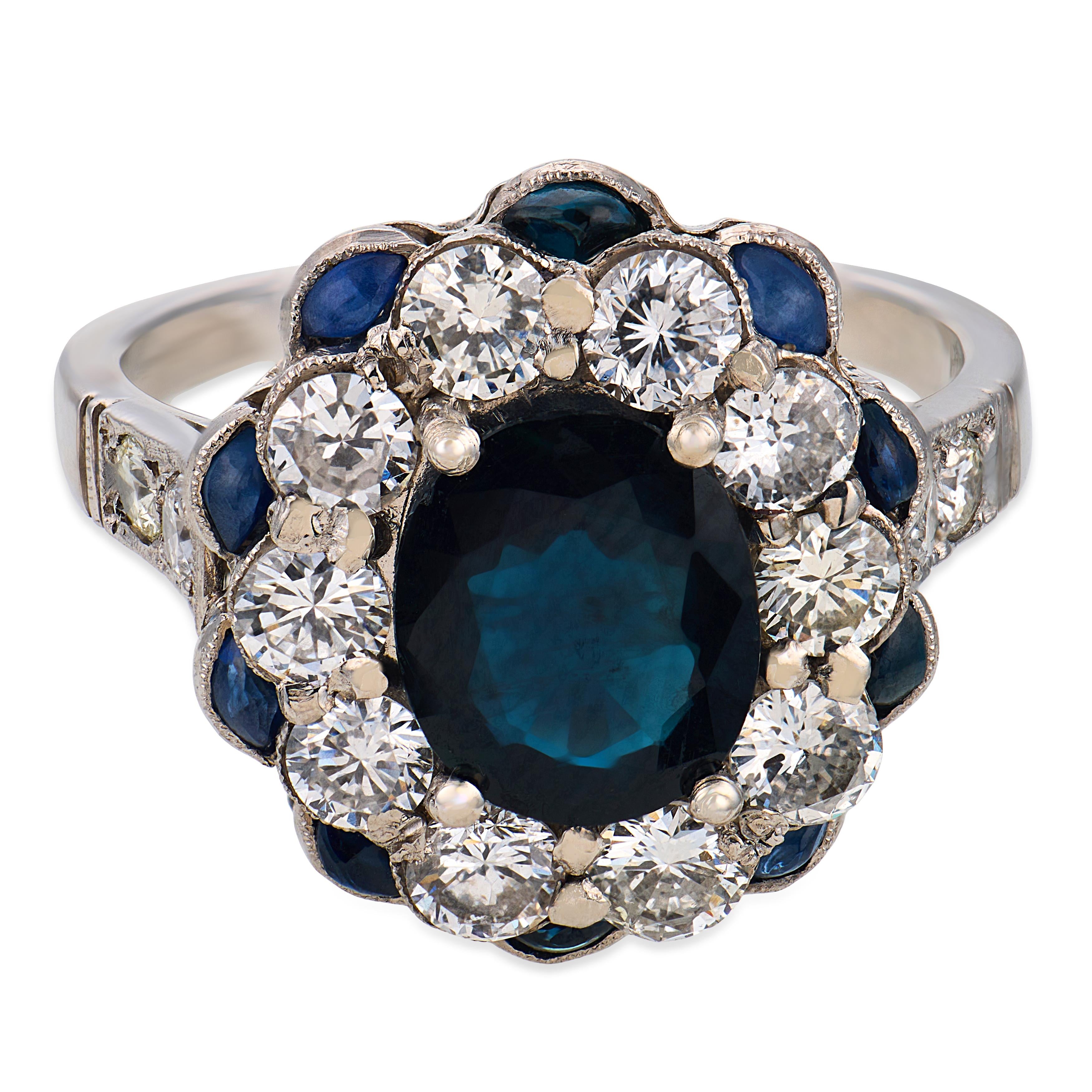 Art Deco style 1.50 carat sapphire diamond platinum cluster ring
