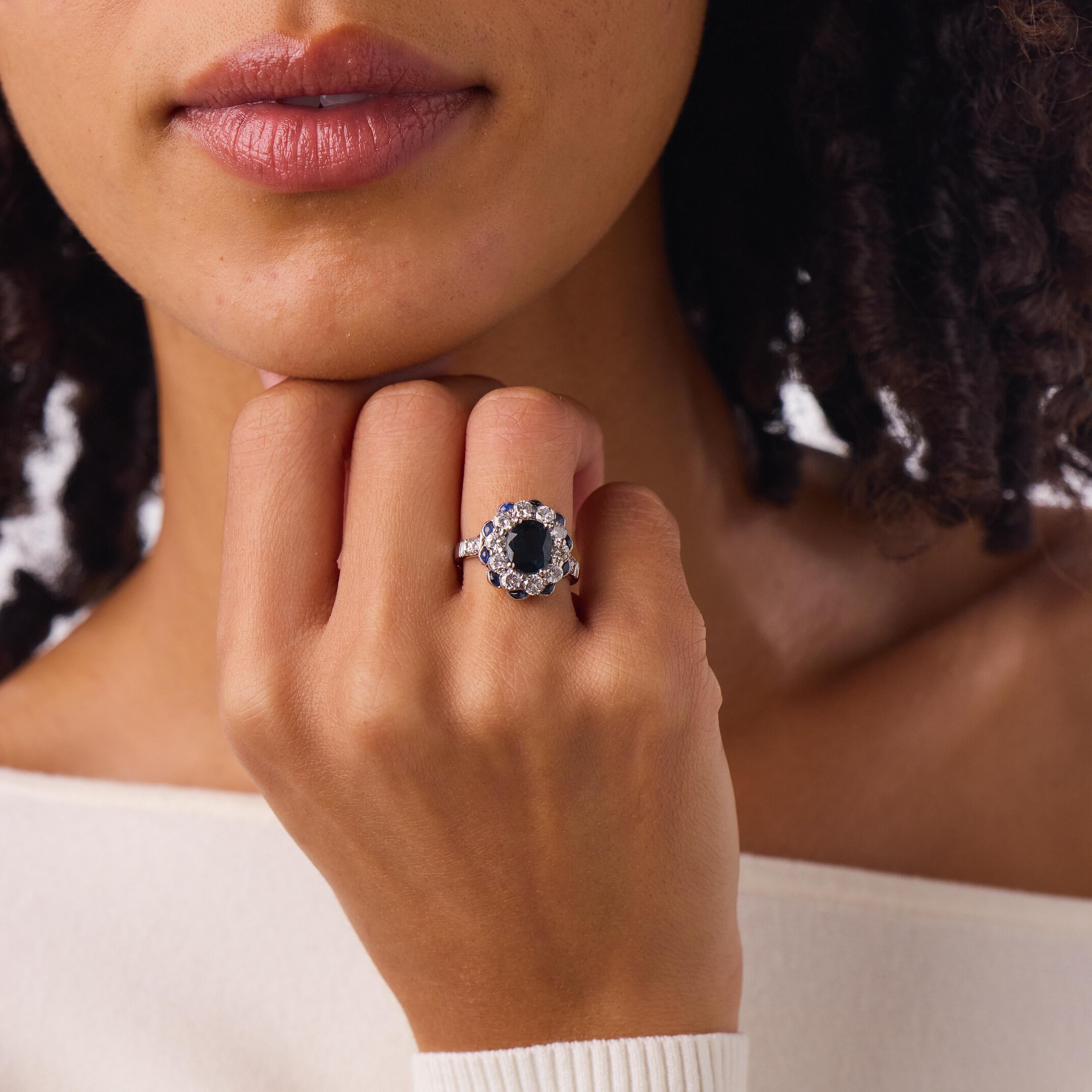Art Deco style 1.50 carat sapphire diamond platinum cluster ring