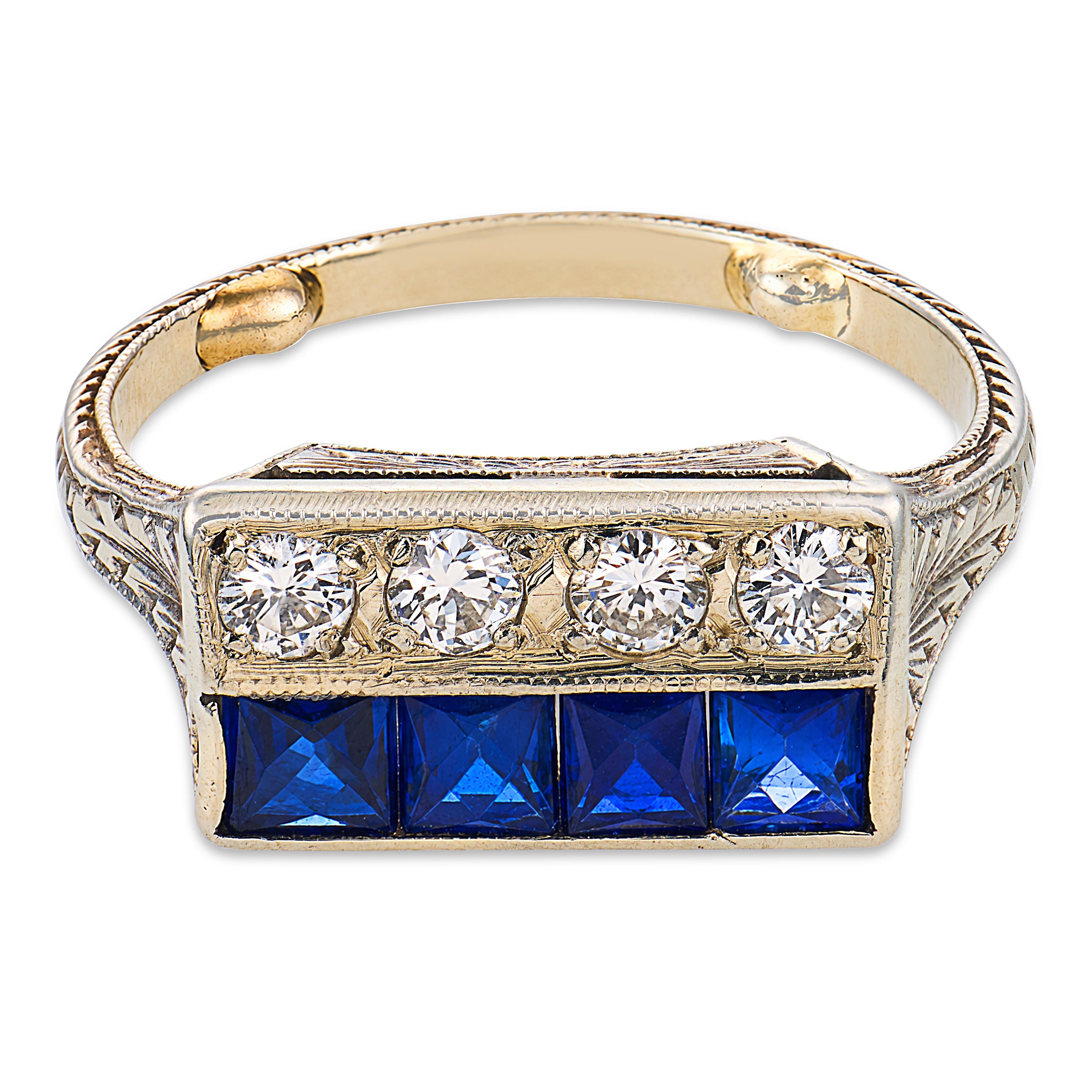 Art Deco diamond sapphire 20k white gold ring