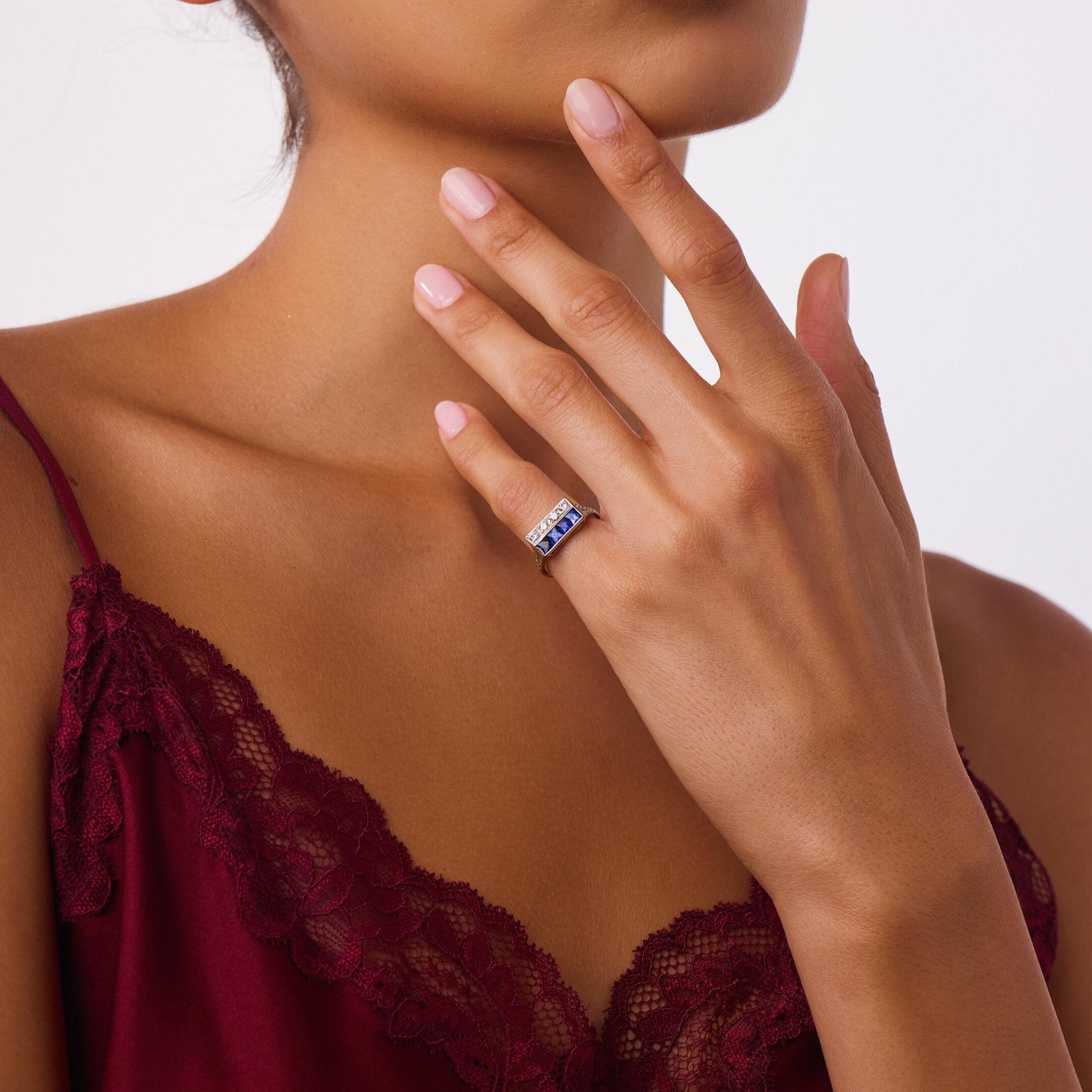 Art Deco diamond sapphire 20k white gold ring
