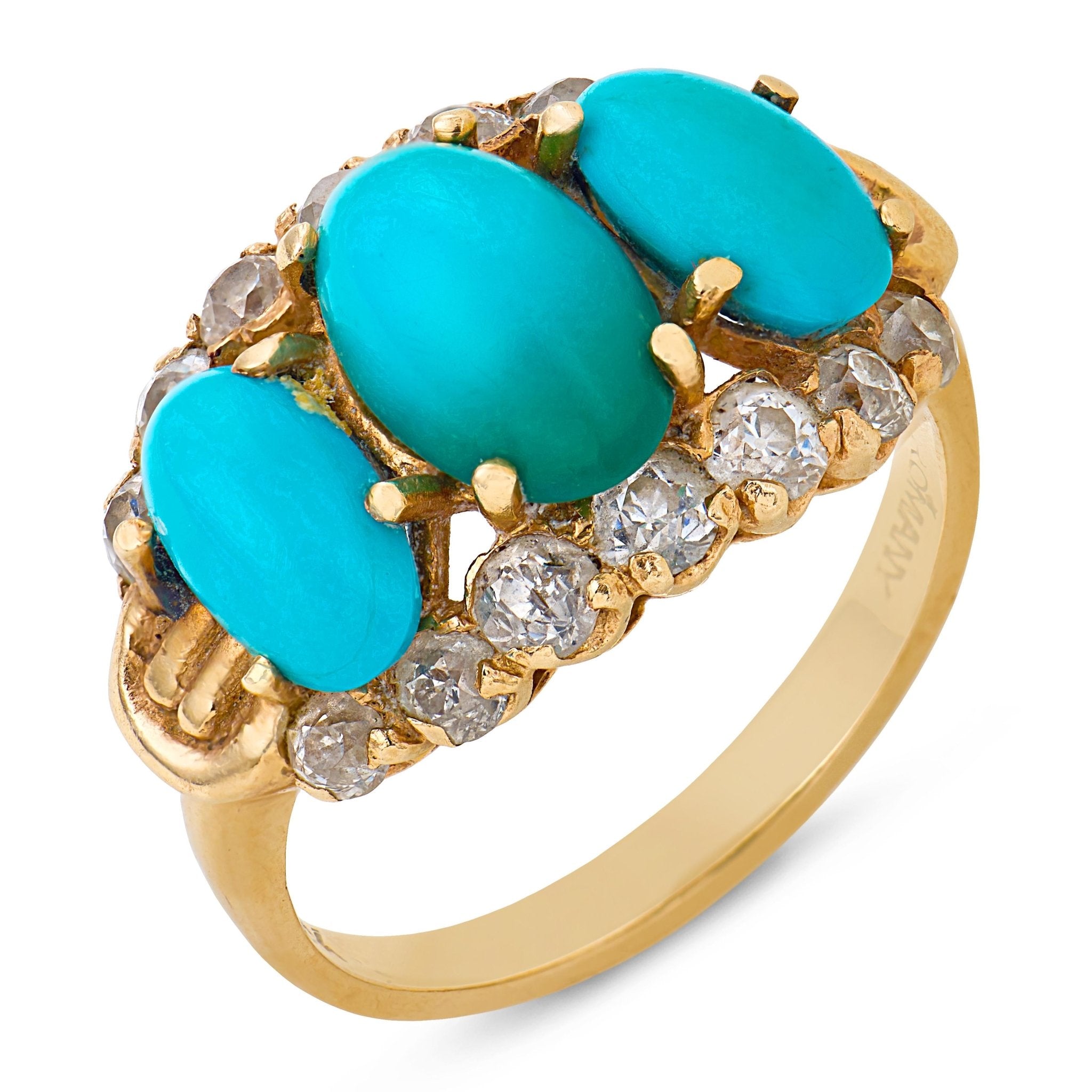 Victorian turquoise old European cut diamond 14k yellow gold ring
