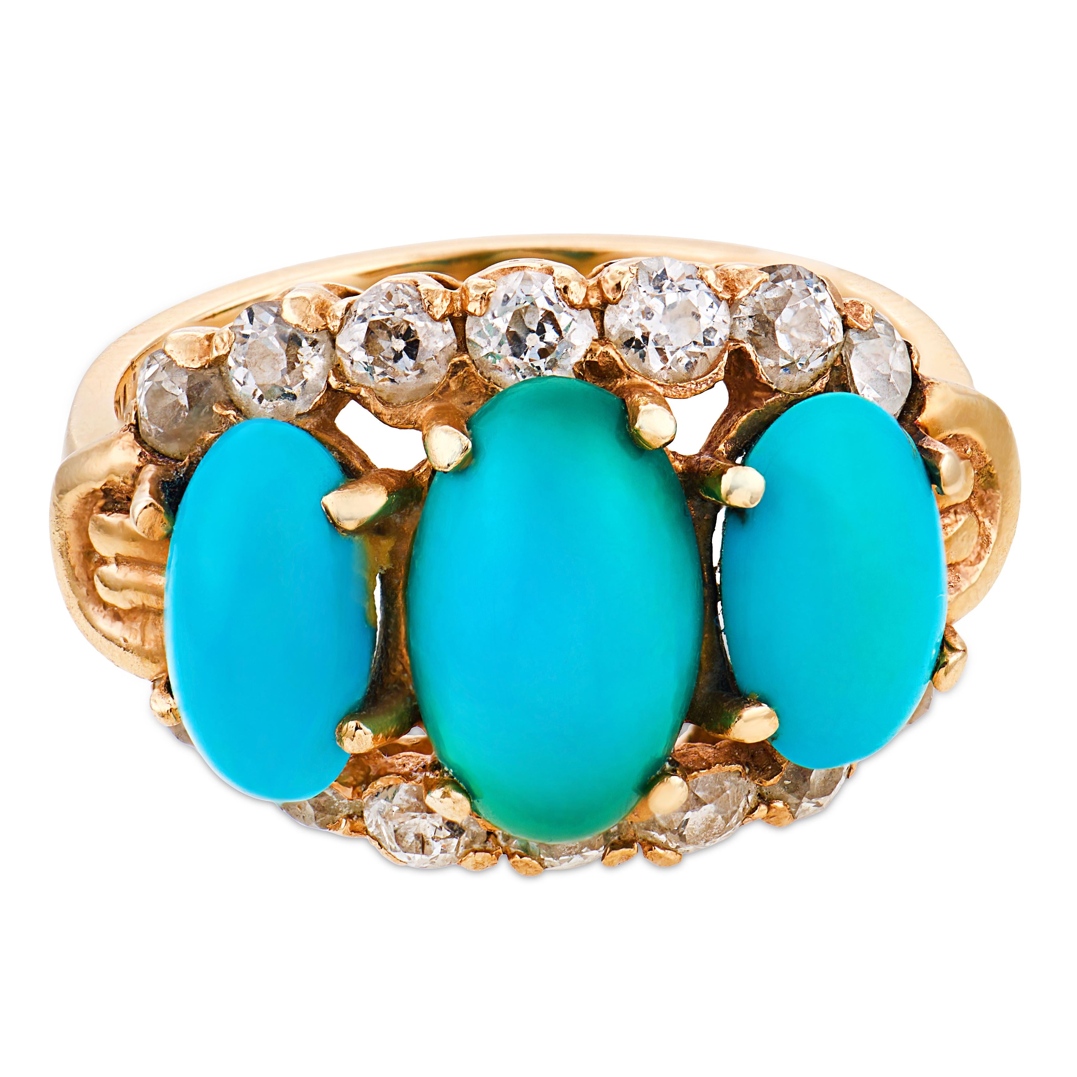 Victorian turquoise old European cut diamond 14k yellow gold ring