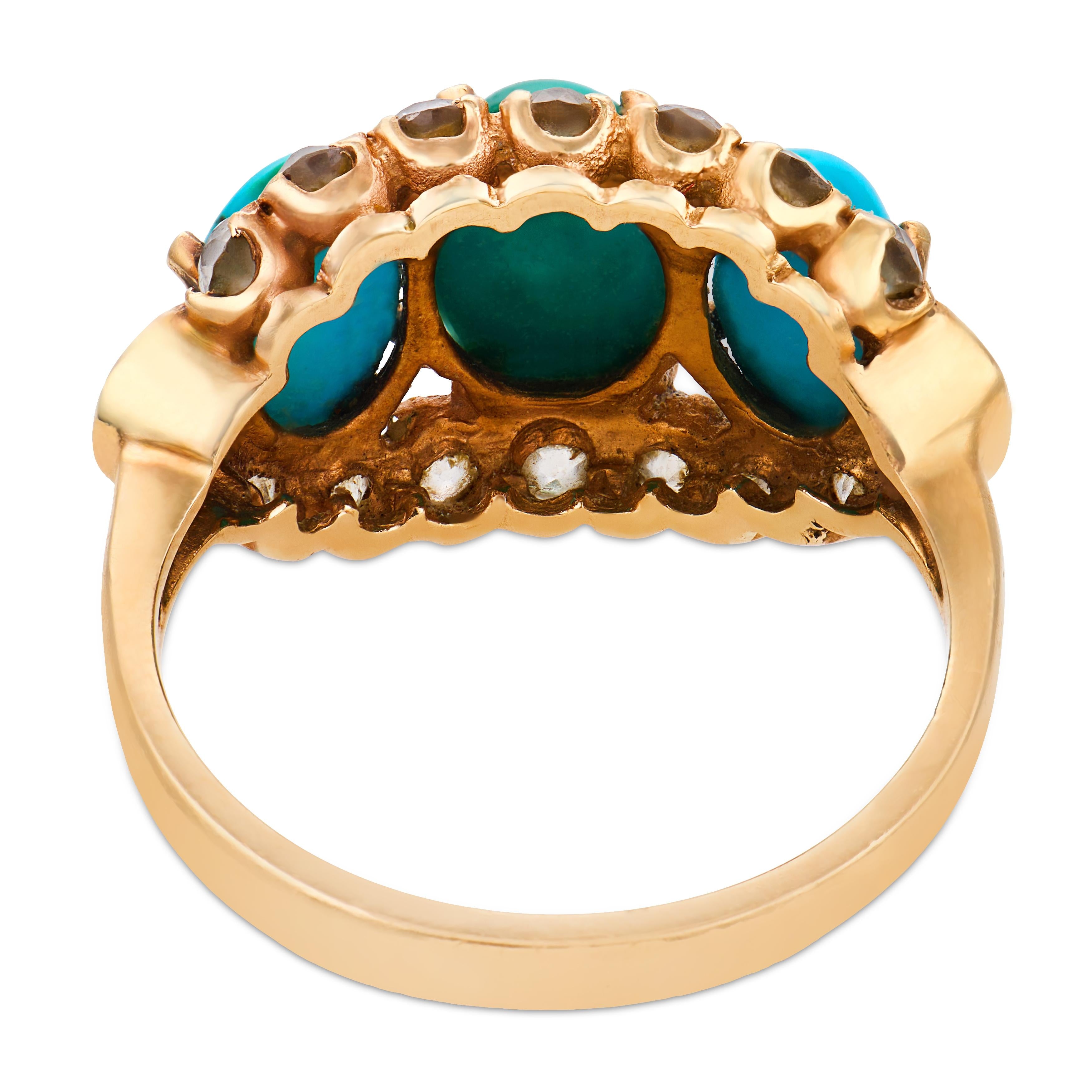 Victorian turquoise old European cut diamond 14k yellow gold ring