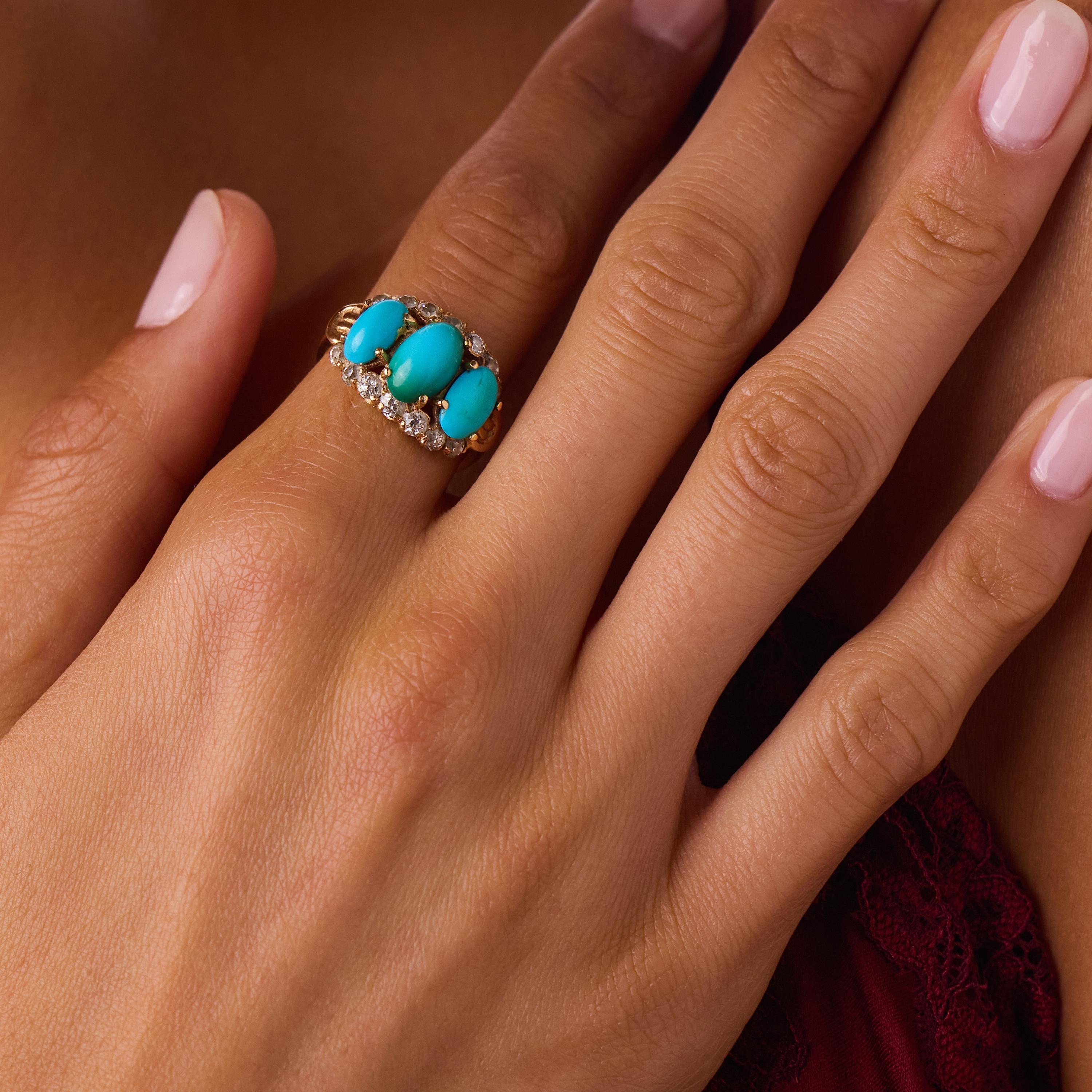 Victorian turquoise old European cut diamond 14k yellow gold ring