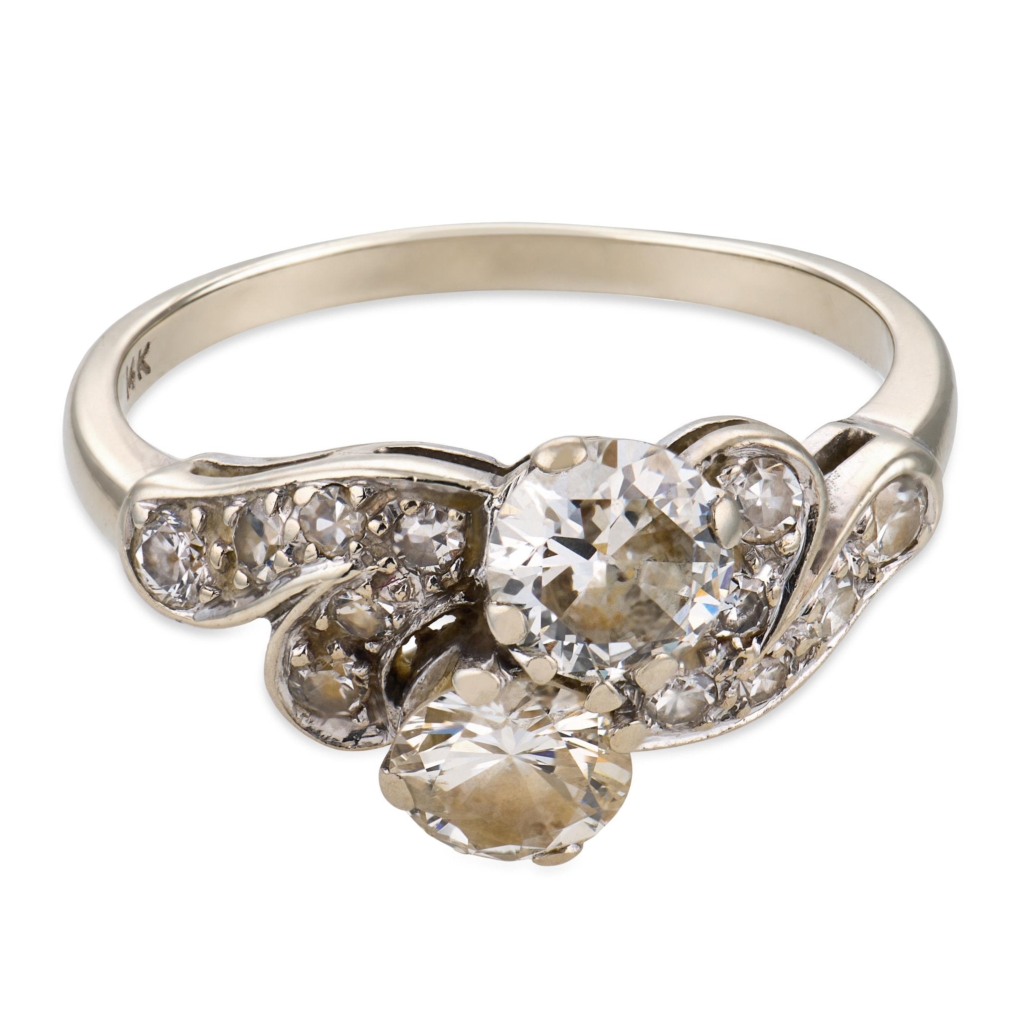 Mid Century diamond 14k white gold Toi Et Moi ring