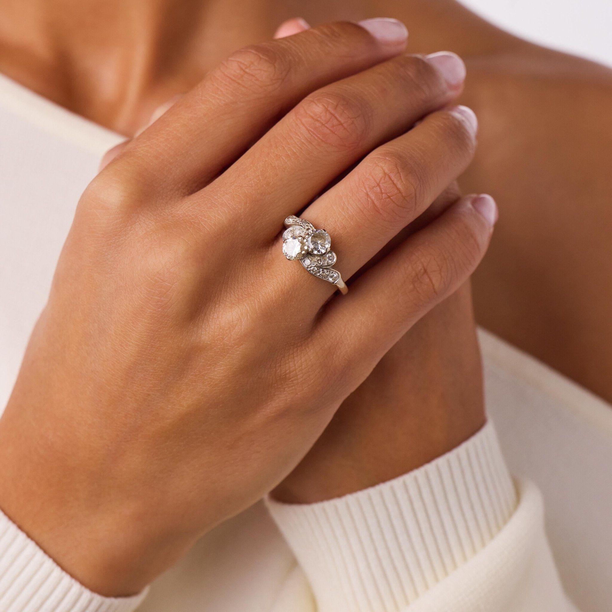 Mid Century diamond 14k white gold Toi Et Moi ring